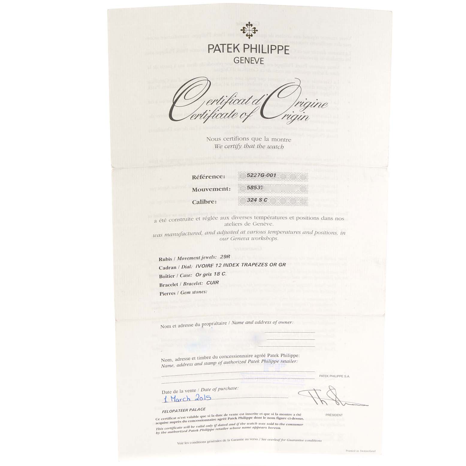 This image shows the Certificate of Origin for a Patek Philippe Calatrava 5227G Men's White Gold Silver Dial 5227G Men's White Gold Silver Dial watch, including reference, movement, and calibre details.