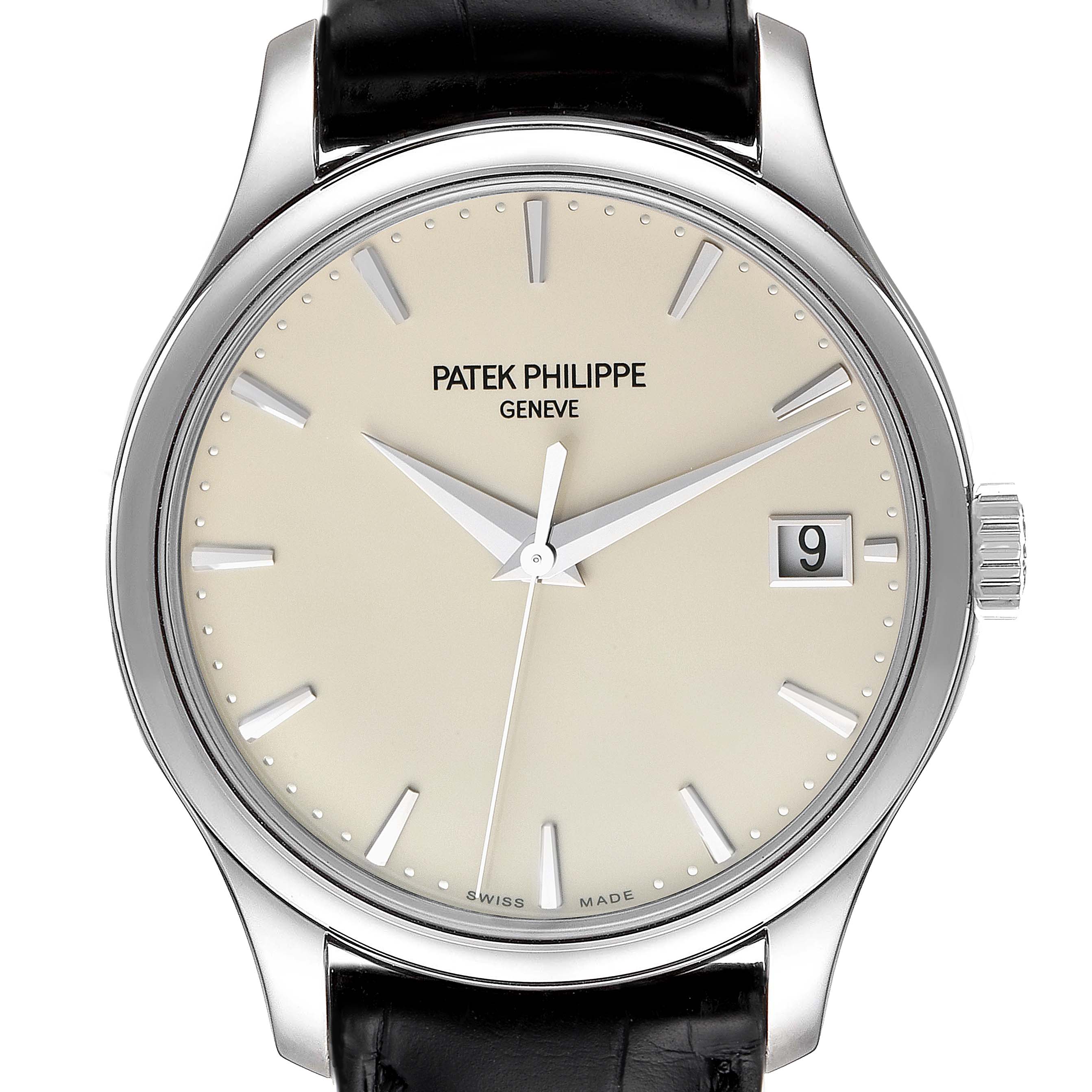 This image shows a frontal view of the Patek Philippe Calatrava 5227G Men's White Gold Silver Dial 5227G Men's White Gold Silver Dial watch, featuring its dial, hands, crown, date window, and leather strap.