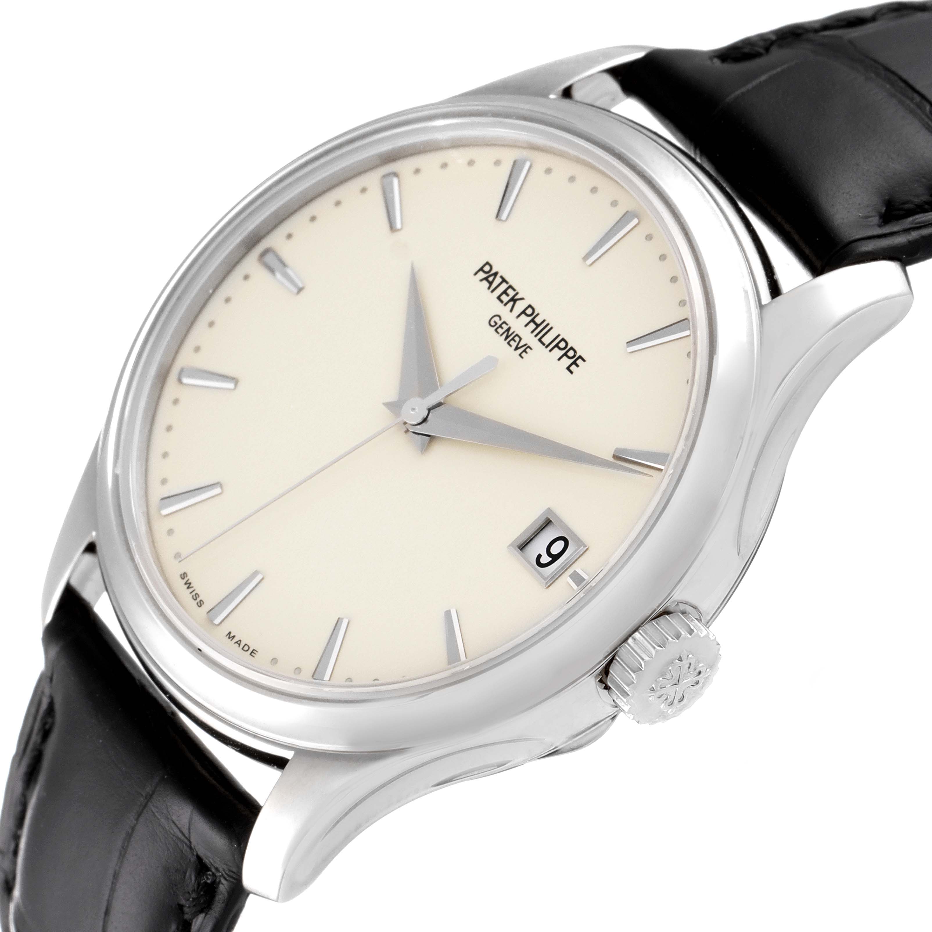 The image shows a Patek Philippe Calatrava 5227G Men's White Gold Silver Dial 5227G Men's White Gold Silver Dial watch at a slight angle, highlighting its dial, date window, crown, and leather strap.
