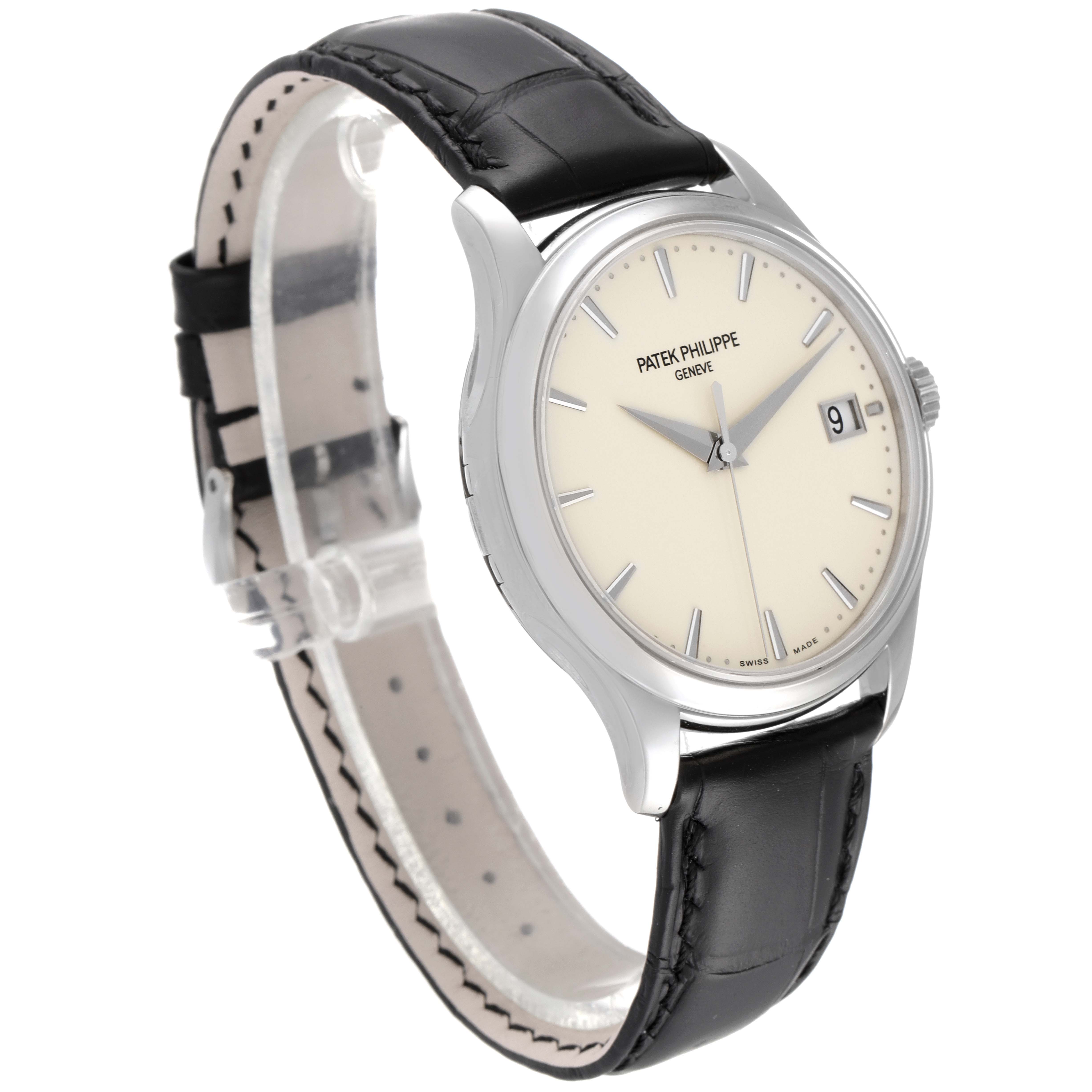 The image shows a Patek Philippe Calatrava 5227G Men's White Gold Silver Dial 5227G Men's White Gold Silver Dial watch at a three-quarter angle, highlighting the dial, crown, and leather strap.