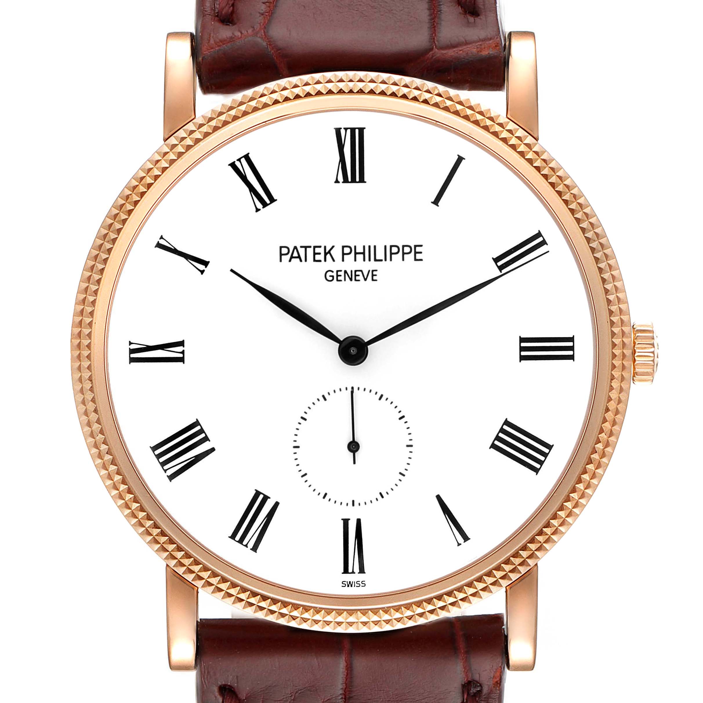 The image shows a straight-on view of the Patek Philippe Calatrava 5119R Men's Rose Gold White Dial 5119R Men's Rose Gold White Dial watch, displaying the dial, case, crown, and leather strap.