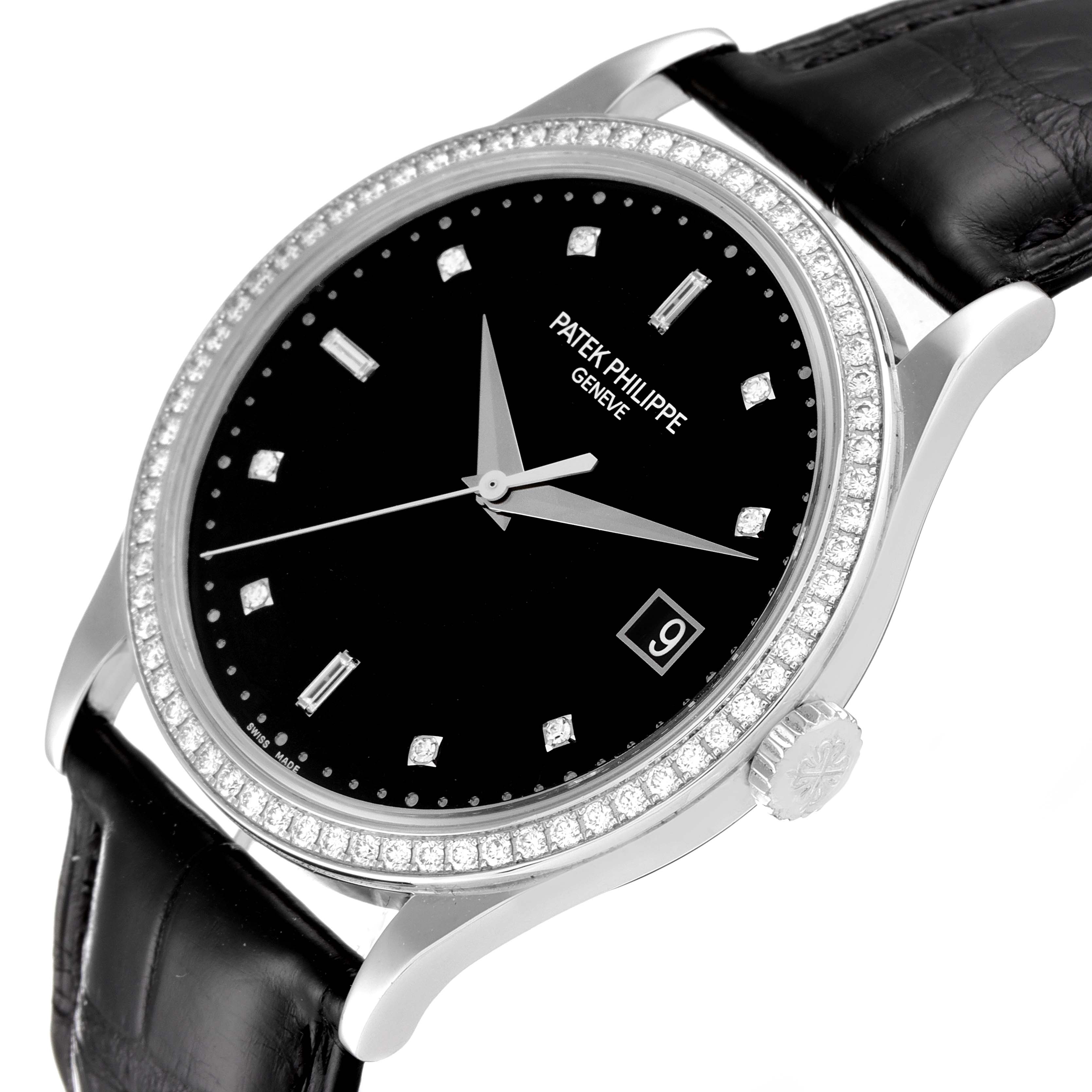 The image shows a close-up, angled view of the watch face and bezel of the Patek Philippe Calatrava 5297G Men's White Gold Black Dial 5297G Men's White Gold Black Dial model.