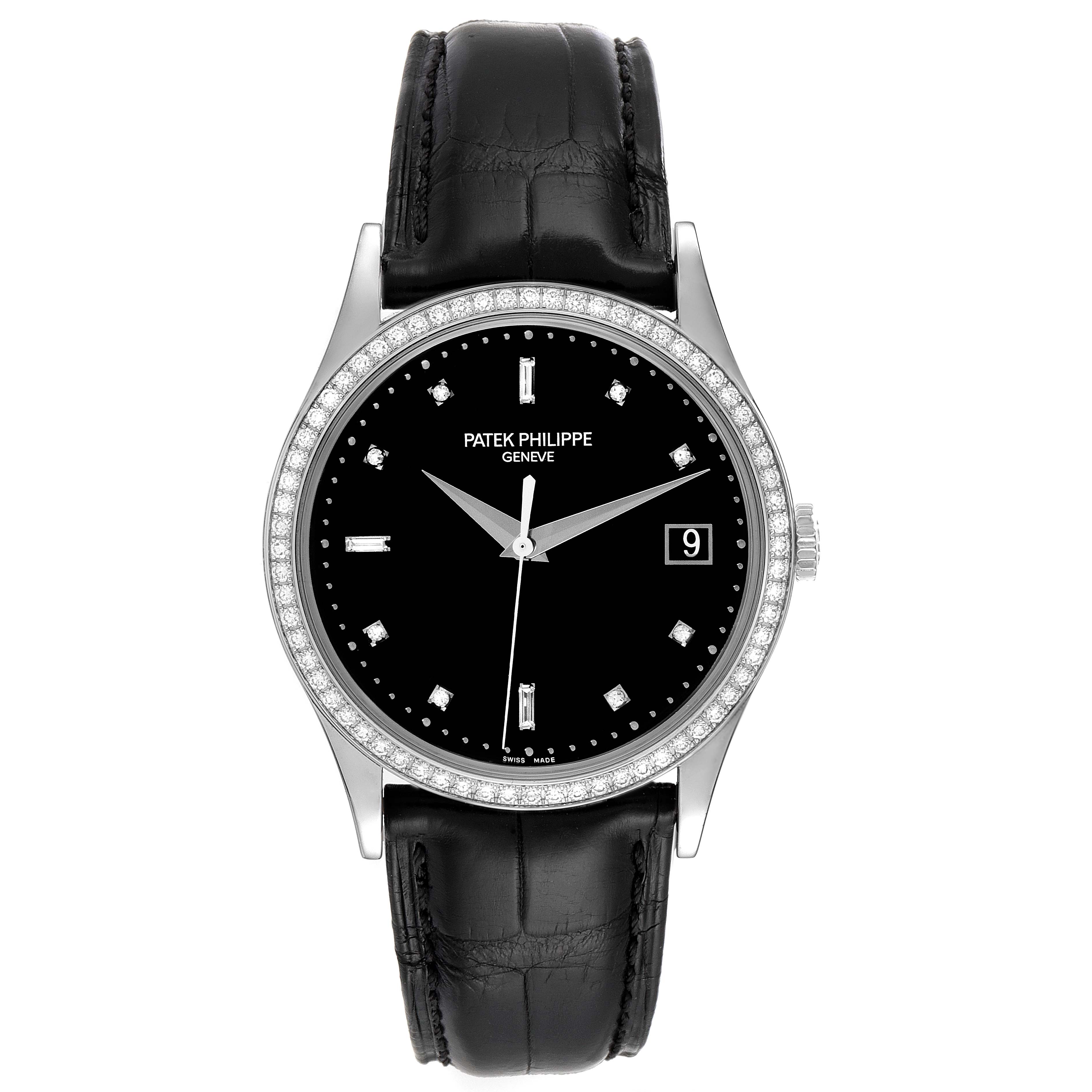 This image shows a front view of a Patek Philippe Calatrava 5297G Men's White Gold Black Dial 5297G Men's White Gold Black Dial watch with a black dial and leather strap.