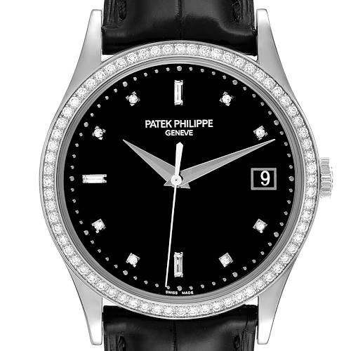Photo of Patek Philippe Calatrava White Gold Black Dial Diamond Watch 5297 Papers