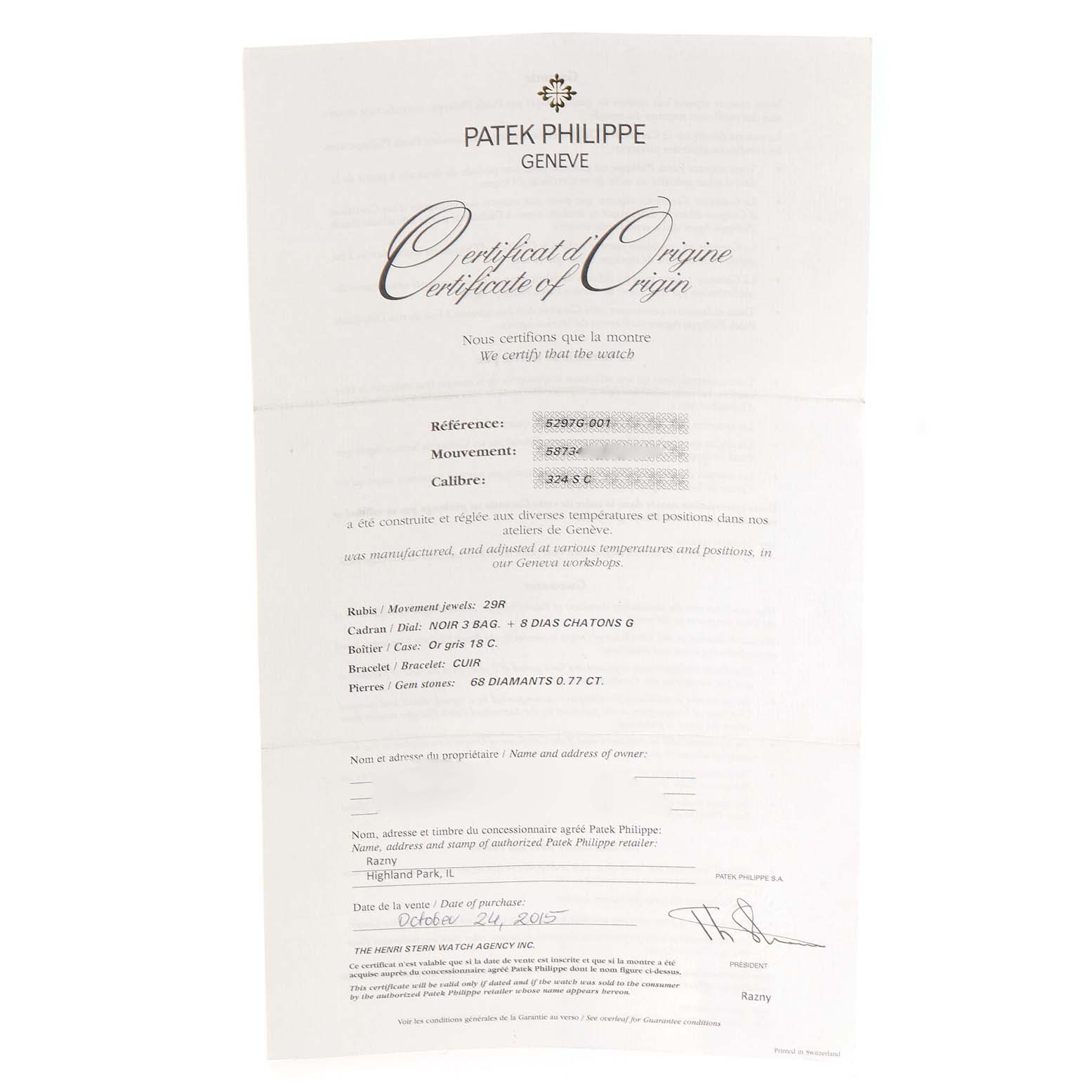This image shows a Certificate of Origin for a Patek Philippe Calatrava 5297G Men's White Gold Black Dial 5297G Men's White Gold Black Dial watch, including details like reference number and purchase date.