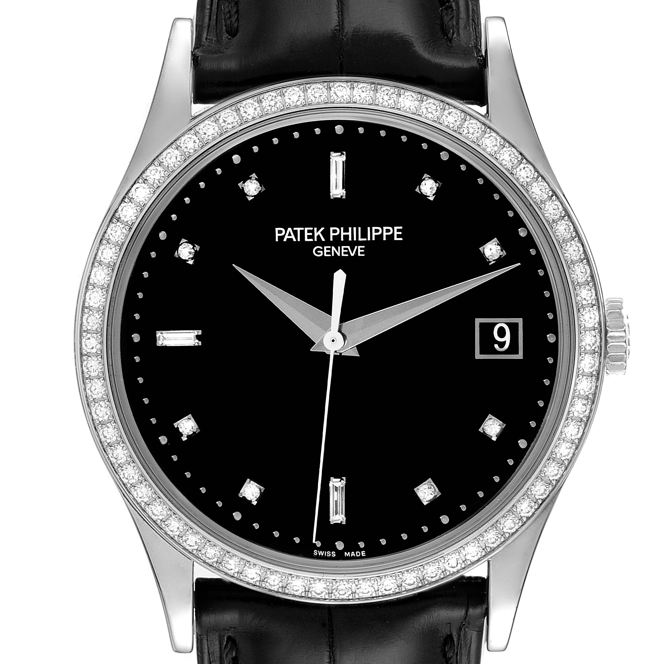 The image shows a front-facing view of the Patek Philippe Calatrava 5297G Men's White Gold Black Dial 5297G Men's White Gold Black Dial watch, displaying its black dial, diamond bezel, and leather strap attachment.