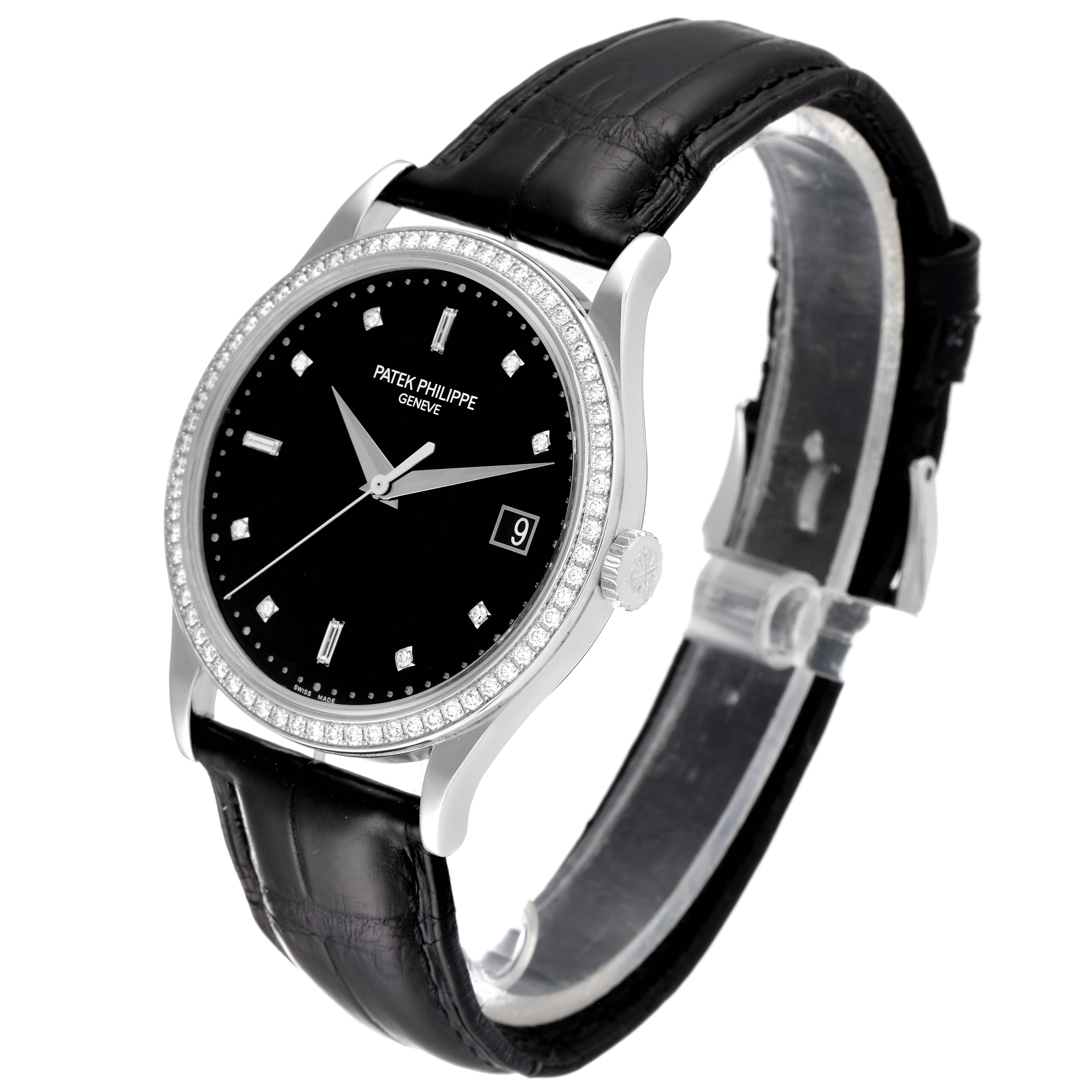 The Patek Philippe Calatrava 5297G Men's White Gold Black Dial 5297G Men's White Gold Black Dial watch is shown at an angled side view displaying the face, bezel, strap, and crown.
