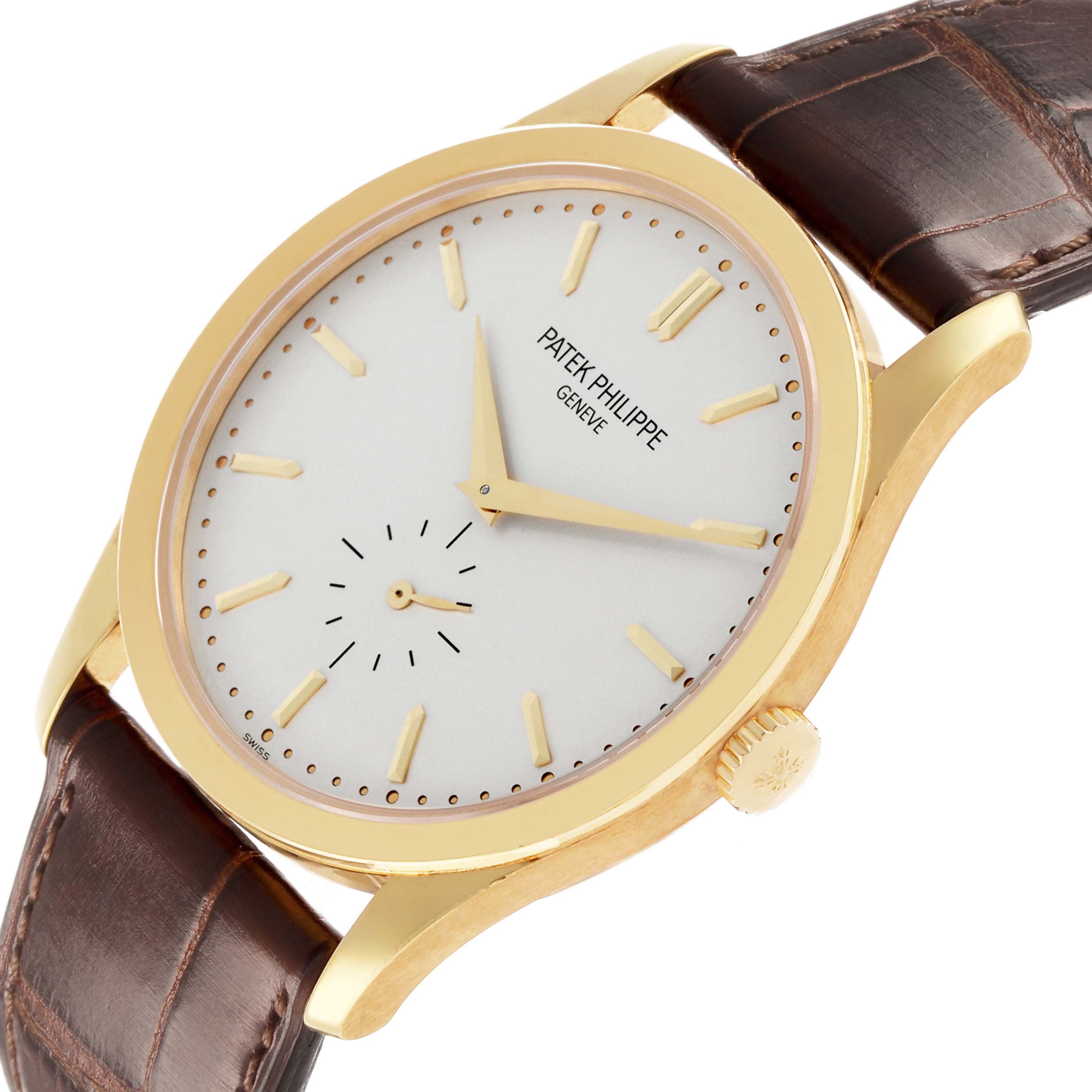 The Patek Philippe Calatrava 5196J Men's Yellow Gold Silver Dial watch is shown at an angled view, highlighting its gold case, white dial, and brown leather strap.