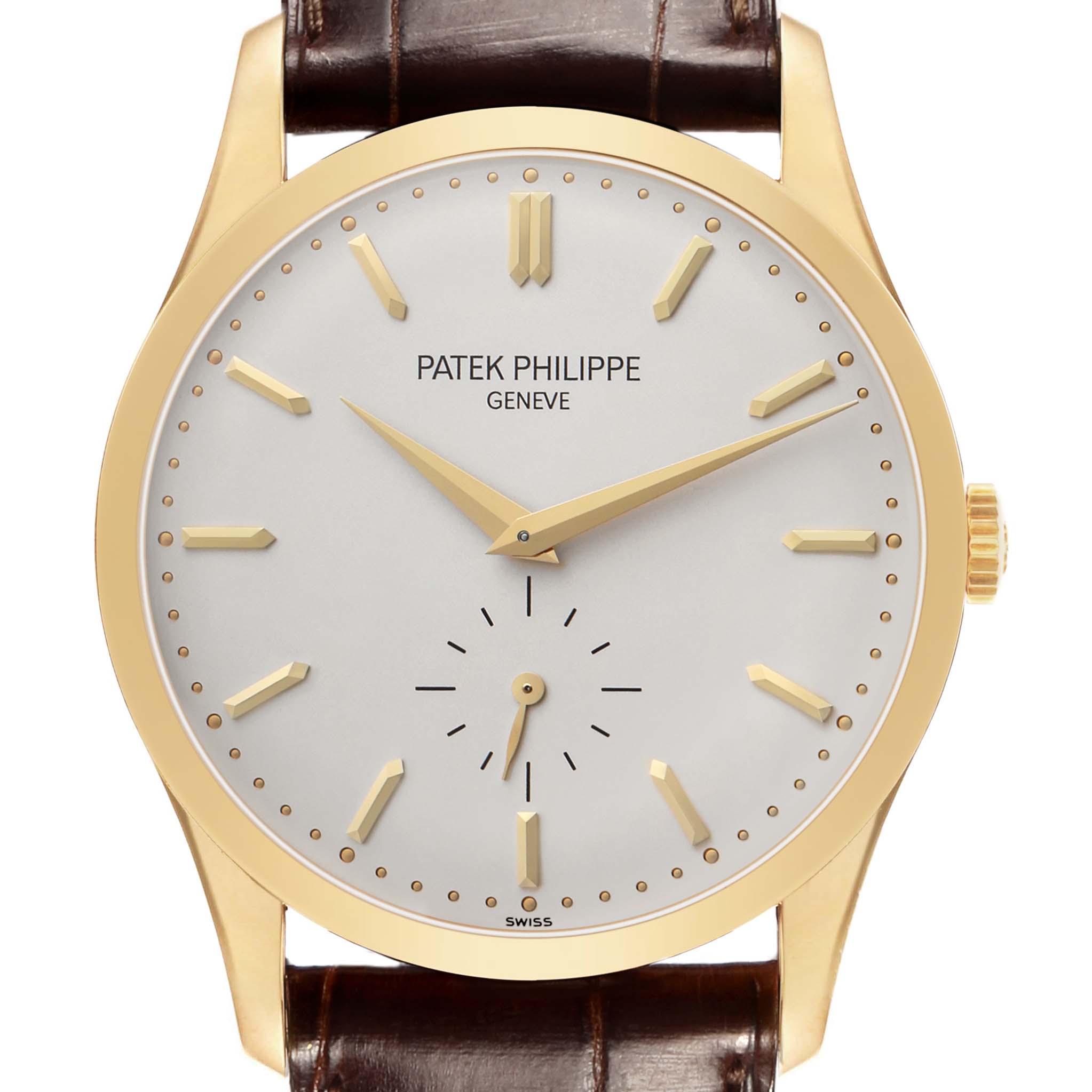 The image shows a frontal view of the Patek Philippe Calatrava 5196J Men's Yellow Gold Silver Dial watch, highlighting the dial, hands, and leather strap.
