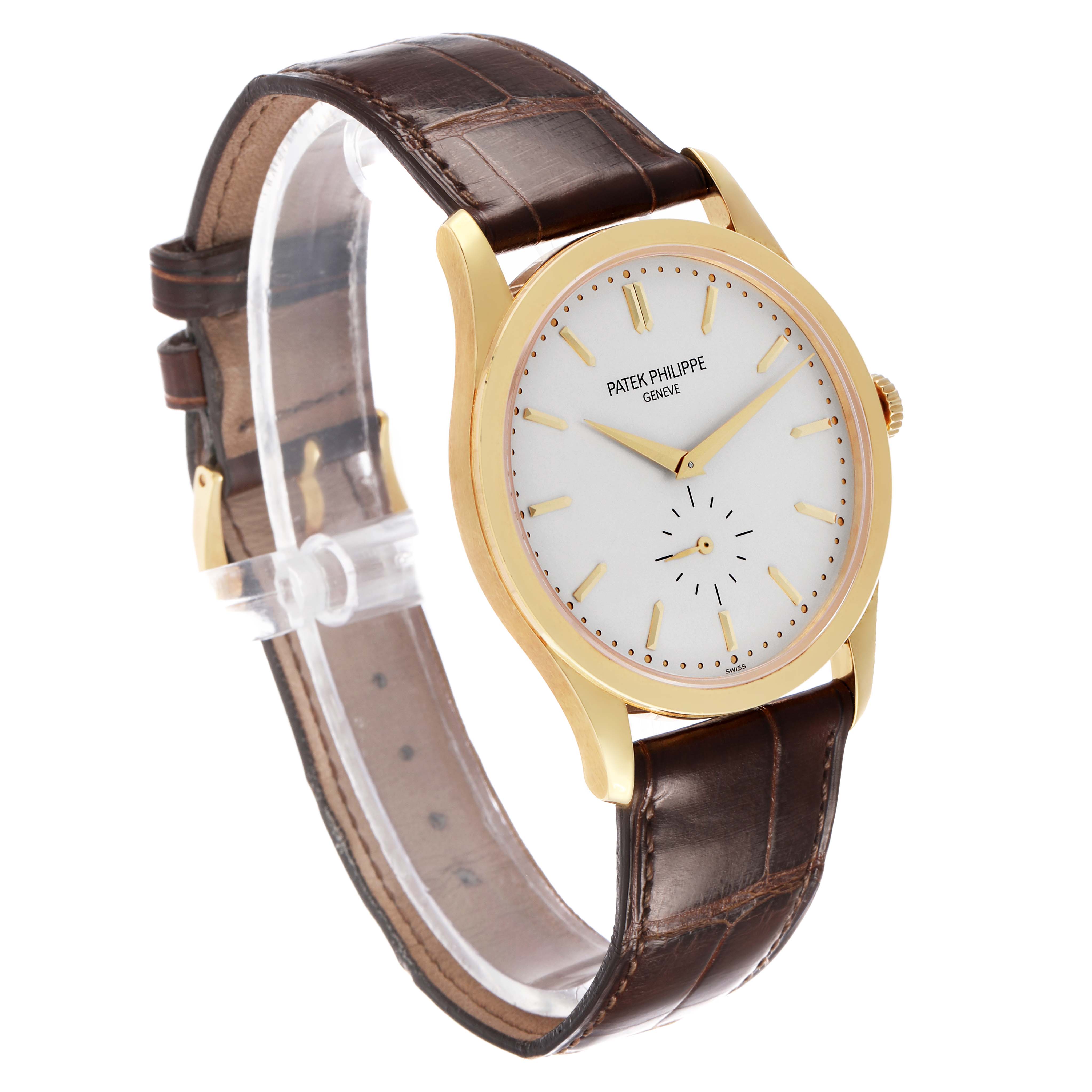 The Patek Philippe Calatrava 5196J Men's Yellow Gold Silver Dial watch is shown at a three-quarter angle, highlighting the face, bezel, and leather strap.