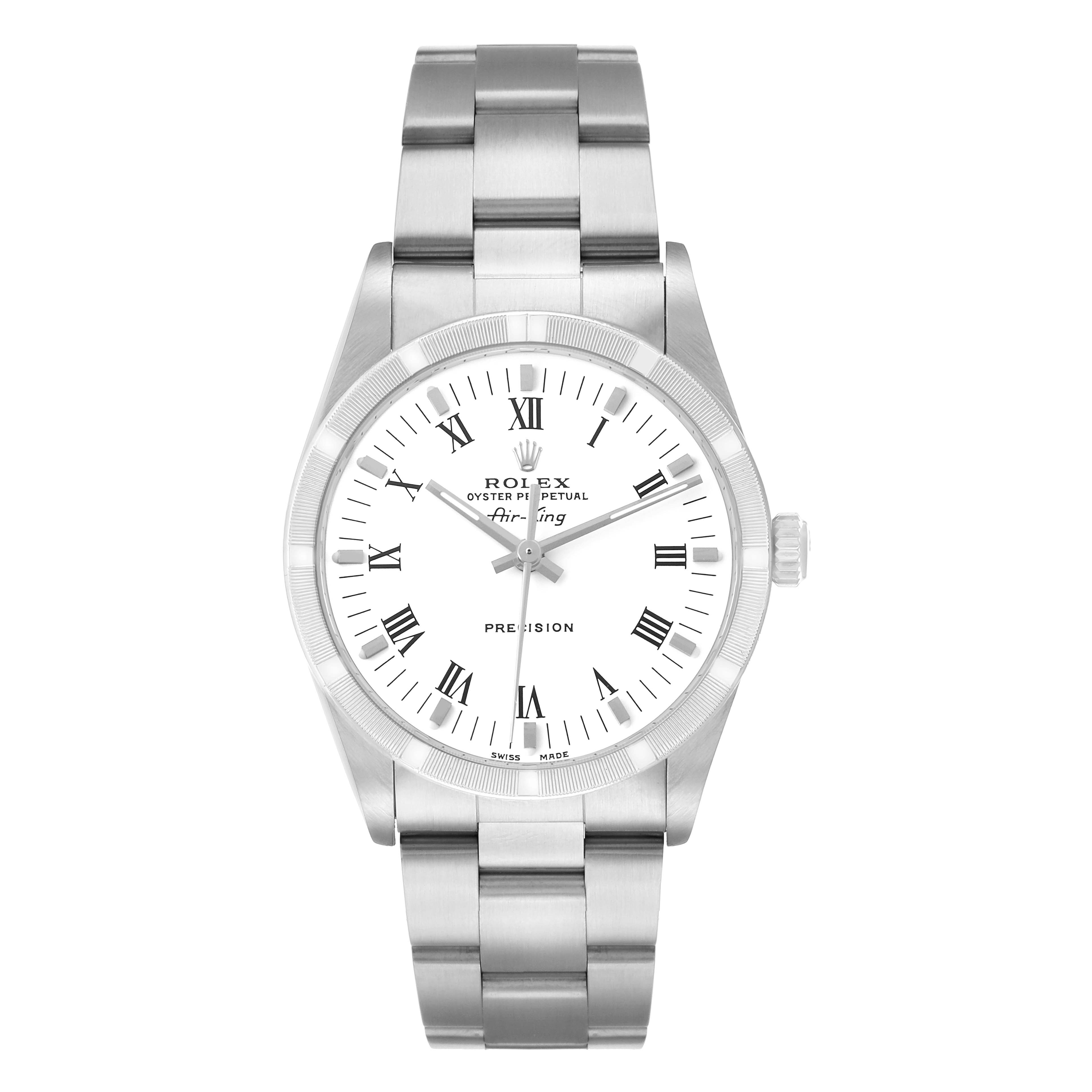 The Rolex Air-King 14010 Men's Stainless Steel White Dial watch is shown from a front angle displaying its face, bezel, and bracelet.