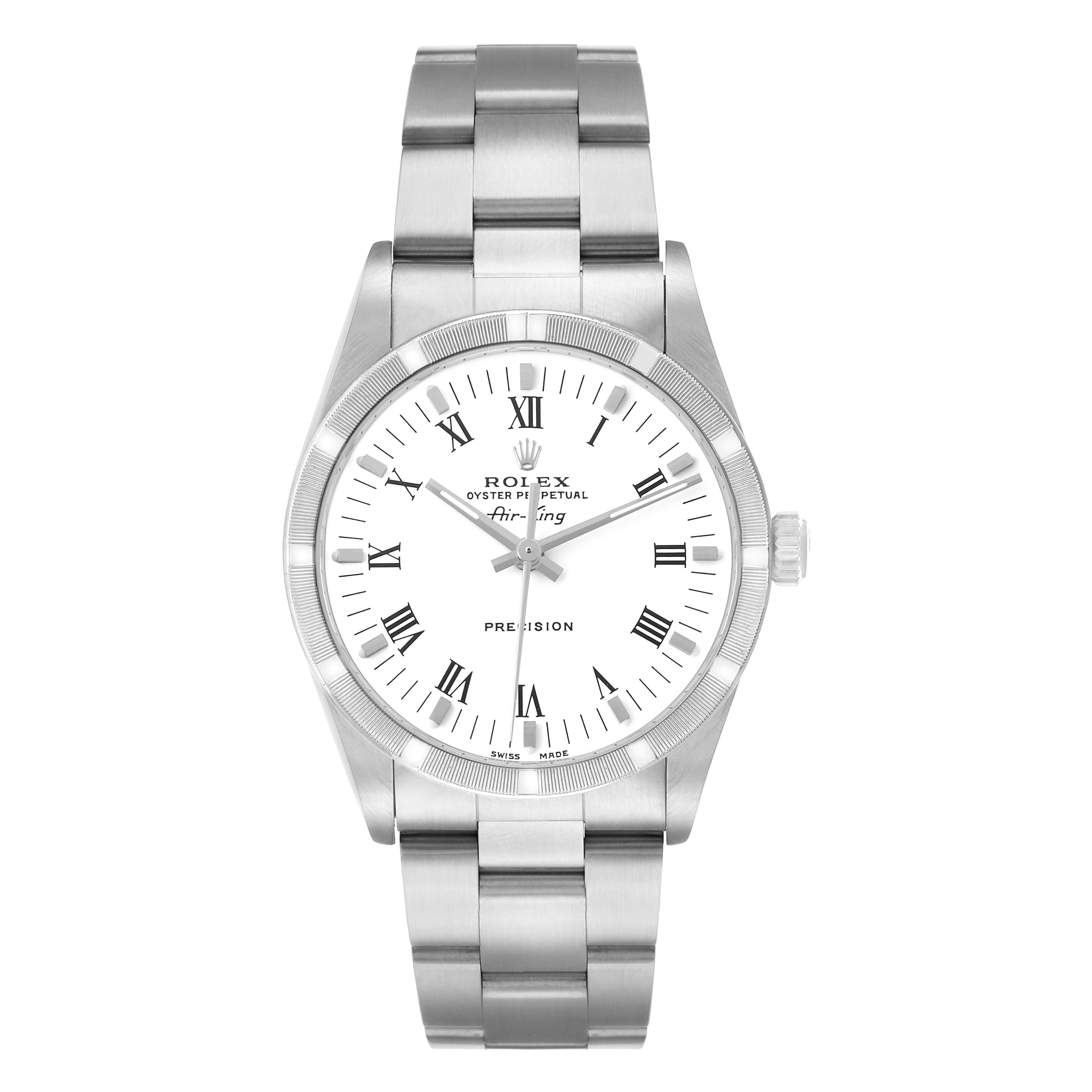 The Rolex Air-King 14010 Men's Stainless Steel White Dial watch is shown from the front, highlighting the dial, bezel, and bracelet.