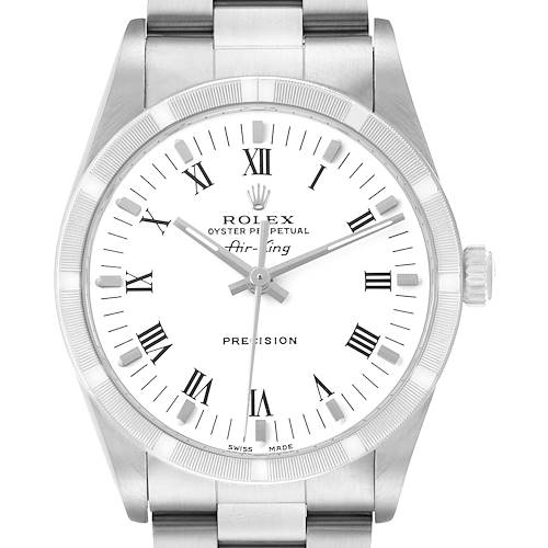 The Rolex Air-King 14010 Men's Stainless Steel White Dial watch is shown from a front angle, displaying the dial, hands, bezel, crown, and part of the bracelet.