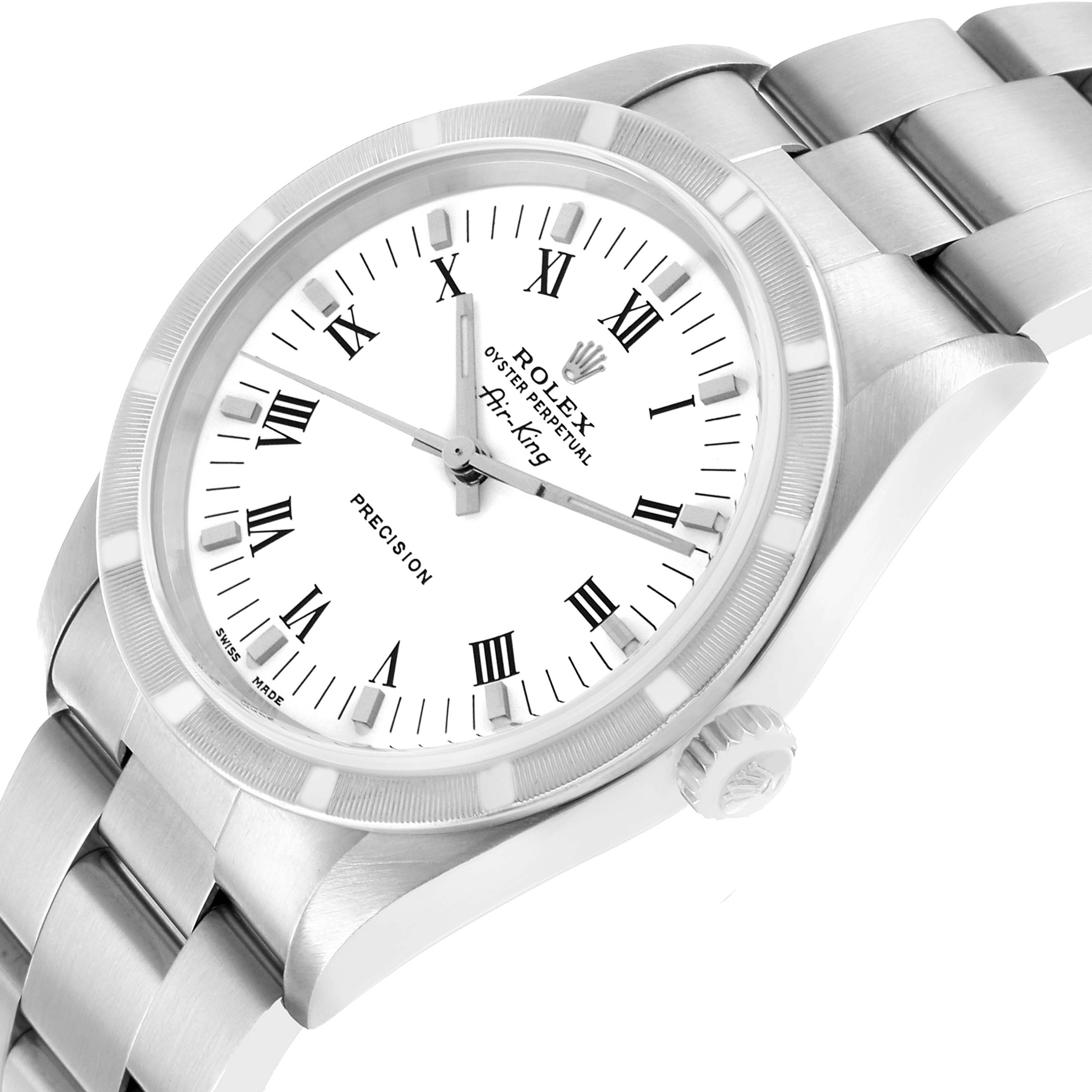 The Rolex Air-King 14010 Men's Stainless Steel White Dial watch is shown at a slight angle, displaying the face, bezel, crown, and part of the bracelet.