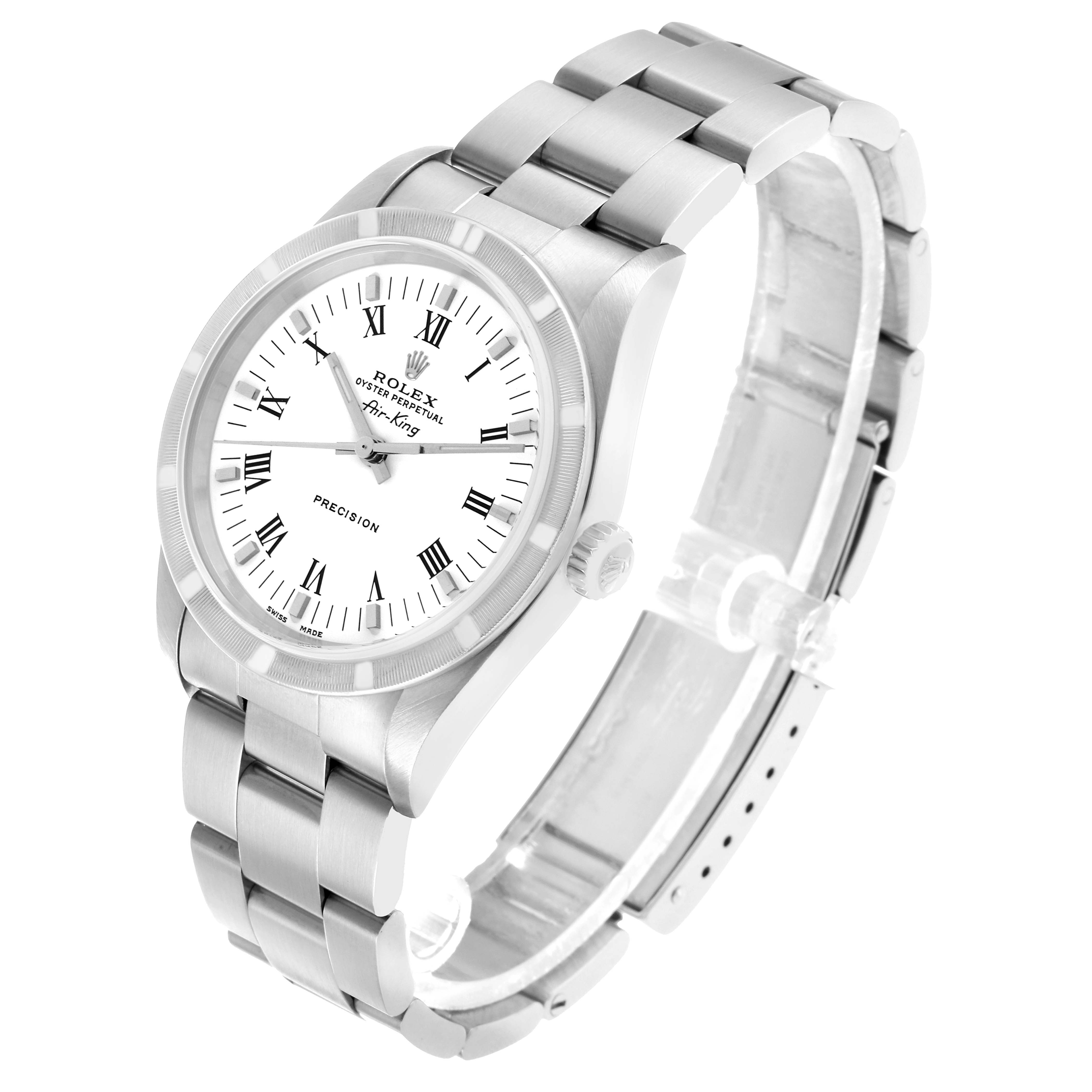 The Rolex Air-King 14010 Men's Stainless Steel White Dial watch is shown at a slight angle, displaying the face, bezel, crown, and bracelet.