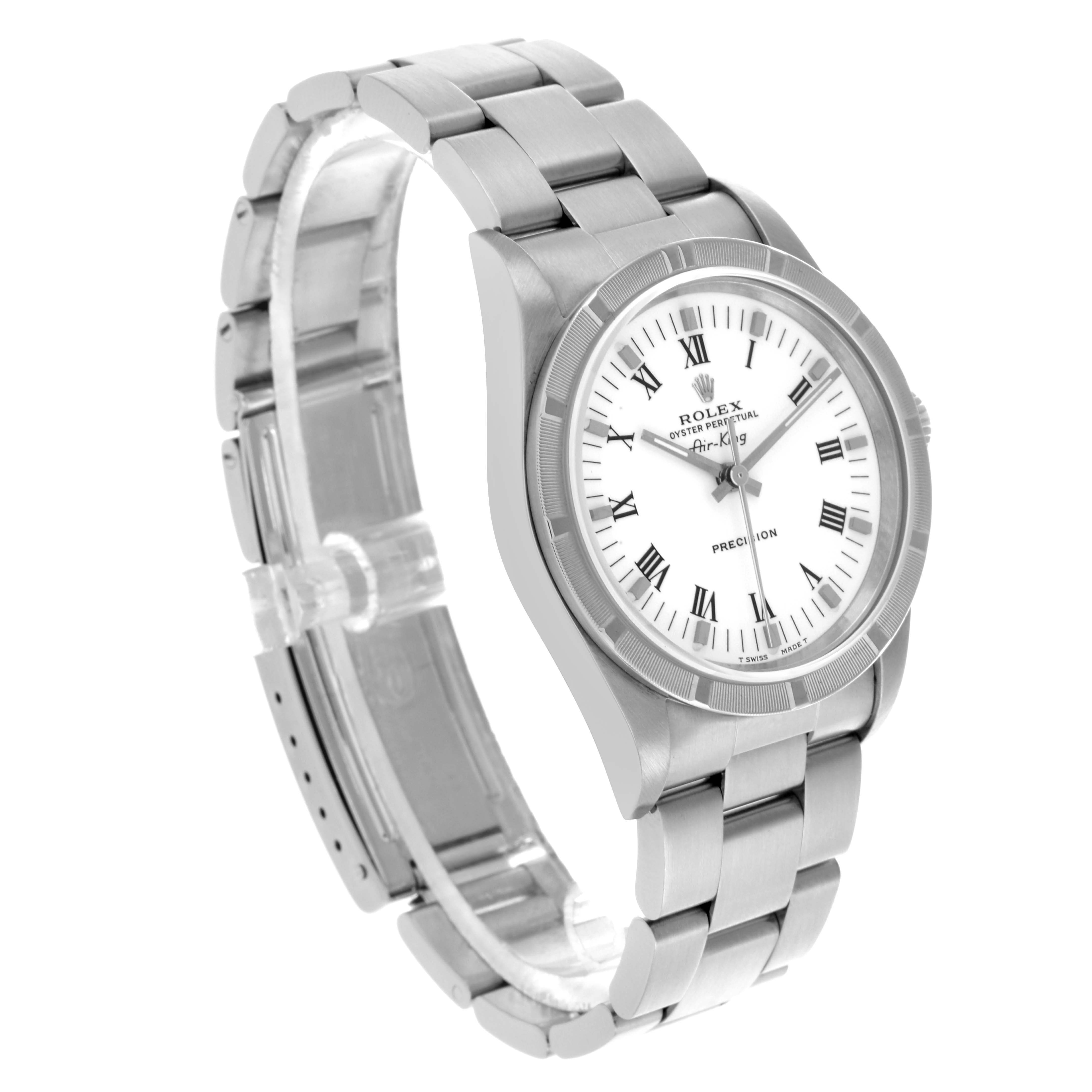 The Rolex Air-King 14010 Men's Stainless Steel White Dial 14010 Men's Stainless Steel White Dial watch is shown at a three-quarter angle, displaying the face, bezel, and metal bracelet.