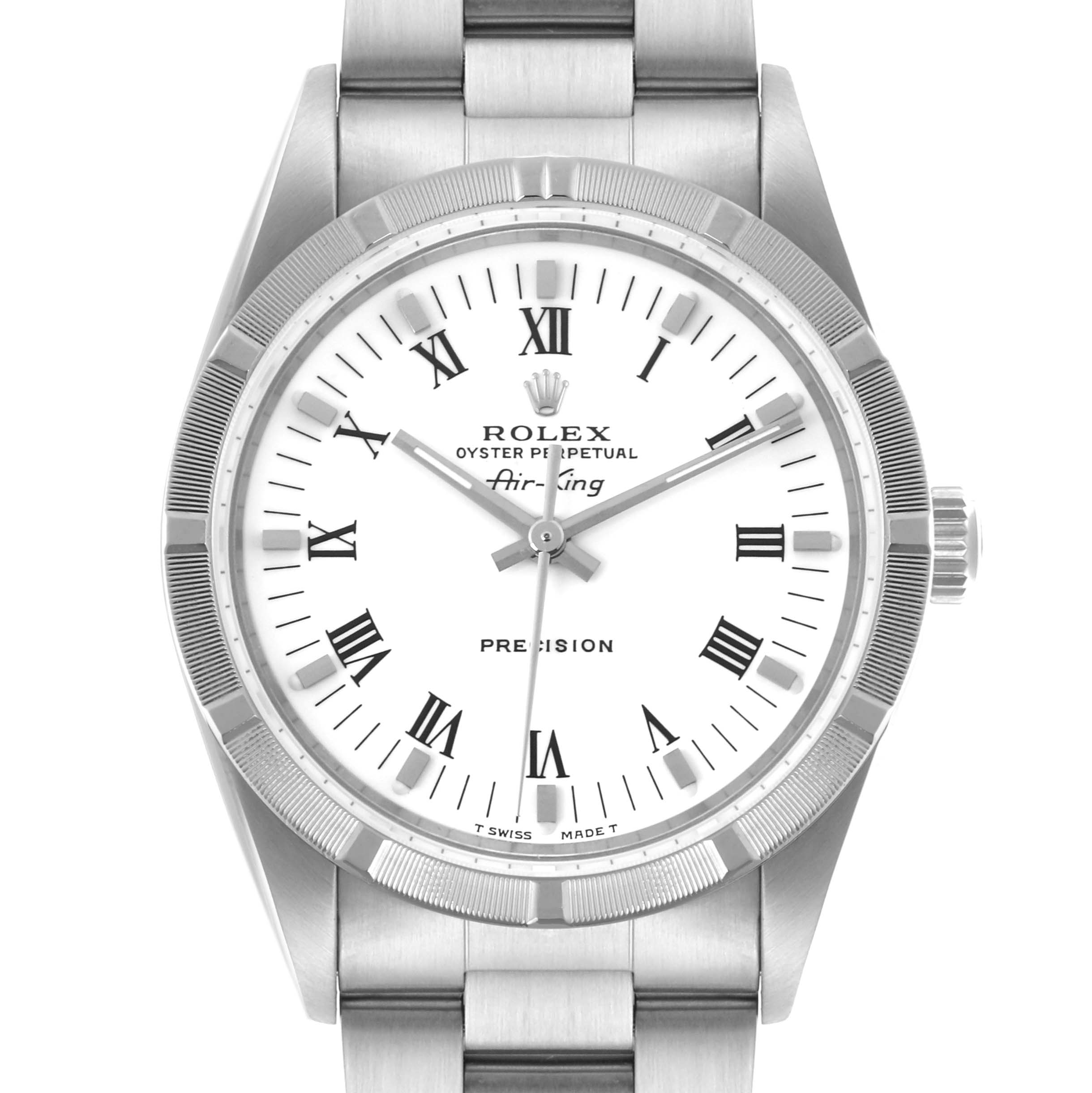 The Rolex Air-King 14010 Men's Stainless Steel White Dial 14010 Men's Stainless Steel White Dial watch is shown from the front, displaying the dial, bezel, crown, and part of the bracelet.