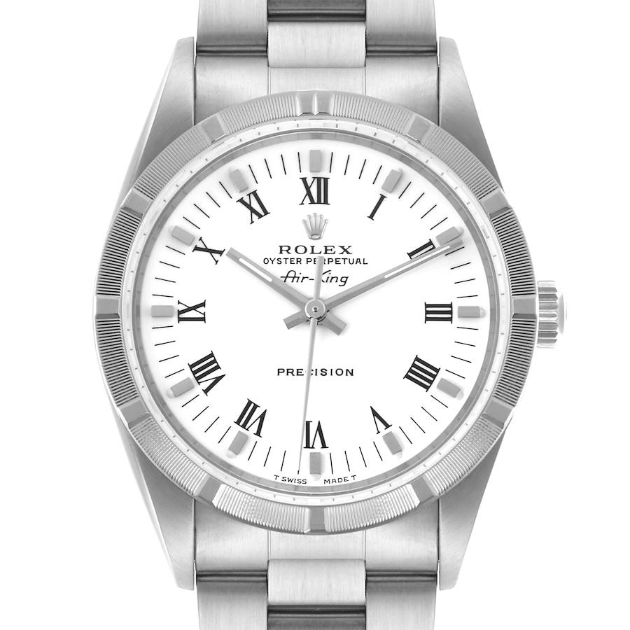 The Rolex Air-King watch is shown from the front, displaying the dial, bezel, crown, and part of the bracelet.