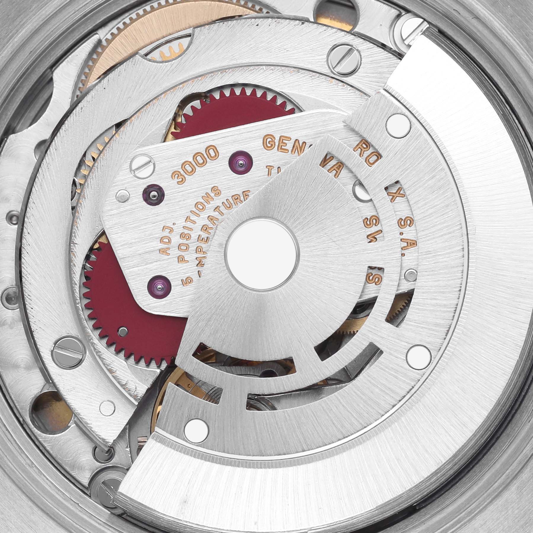 The image shows an internal view of the Rolex Air-King 14010 Men's Stainless Steel White Dial 14010 Men's Stainless Steel White Dial watch movement, highlighting gears and the rotor from a top angle.