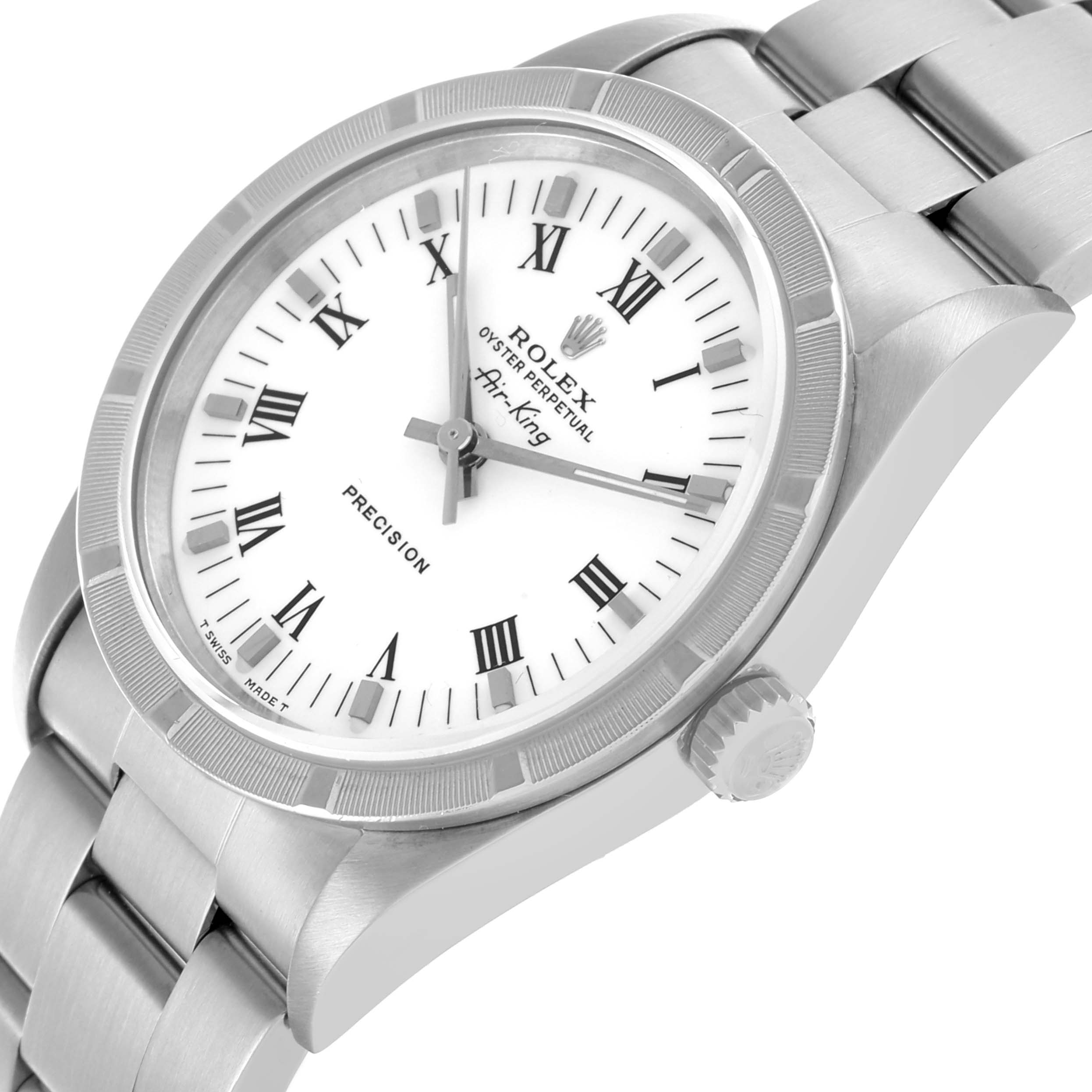 The Rolex Air-King 14010 Men's Stainless Steel White Dial 14010 Men's Stainless Steel White Dial is shown at a tilted angle, highlighting the face, bezel, crown, and bracelet.