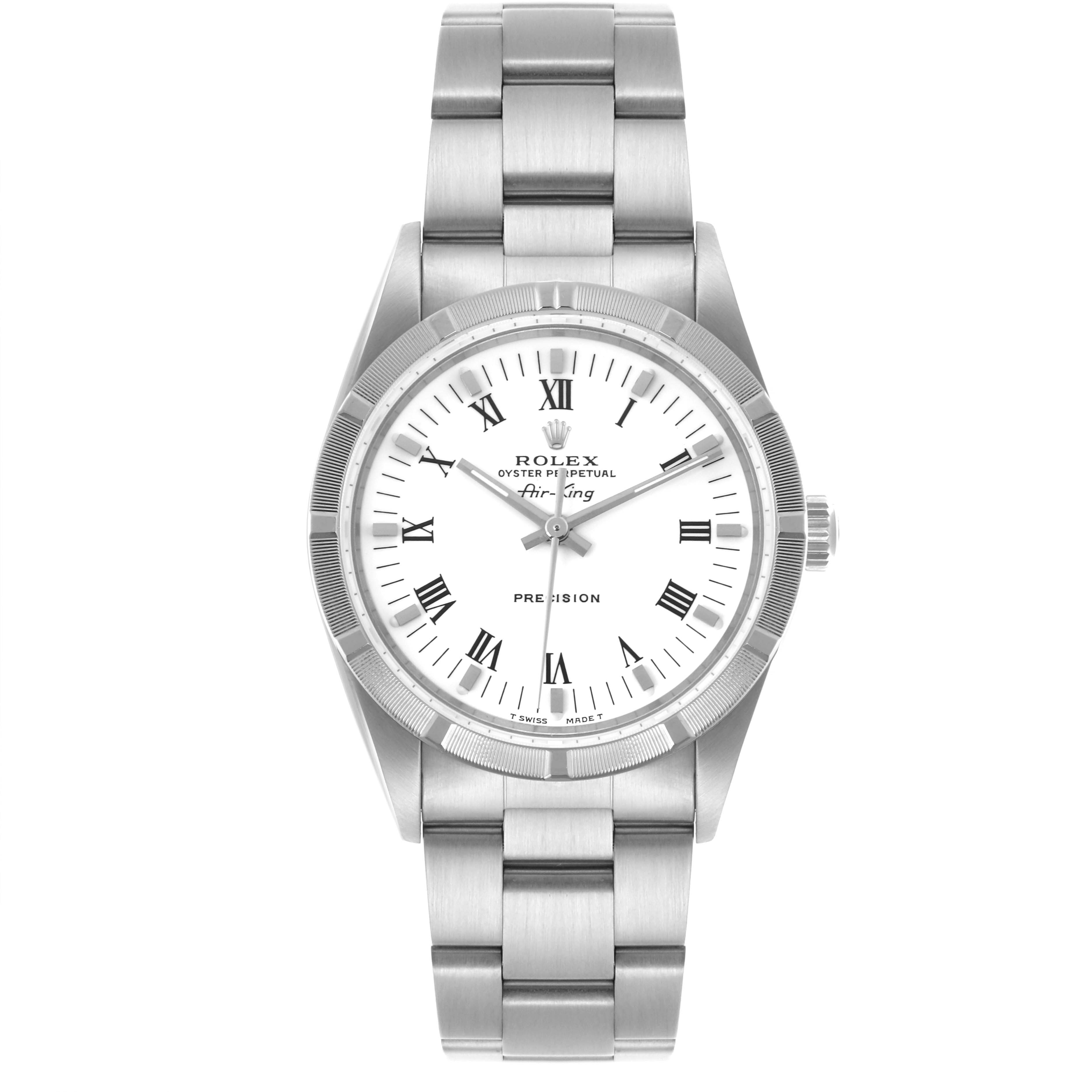 The image shows a frontal view of the Rolex Air-King 14010 Men's Stainless Steel White Dial 14010 Men's Stainless Steel White Dial watch, displaying the face, bezel, and bracelet.