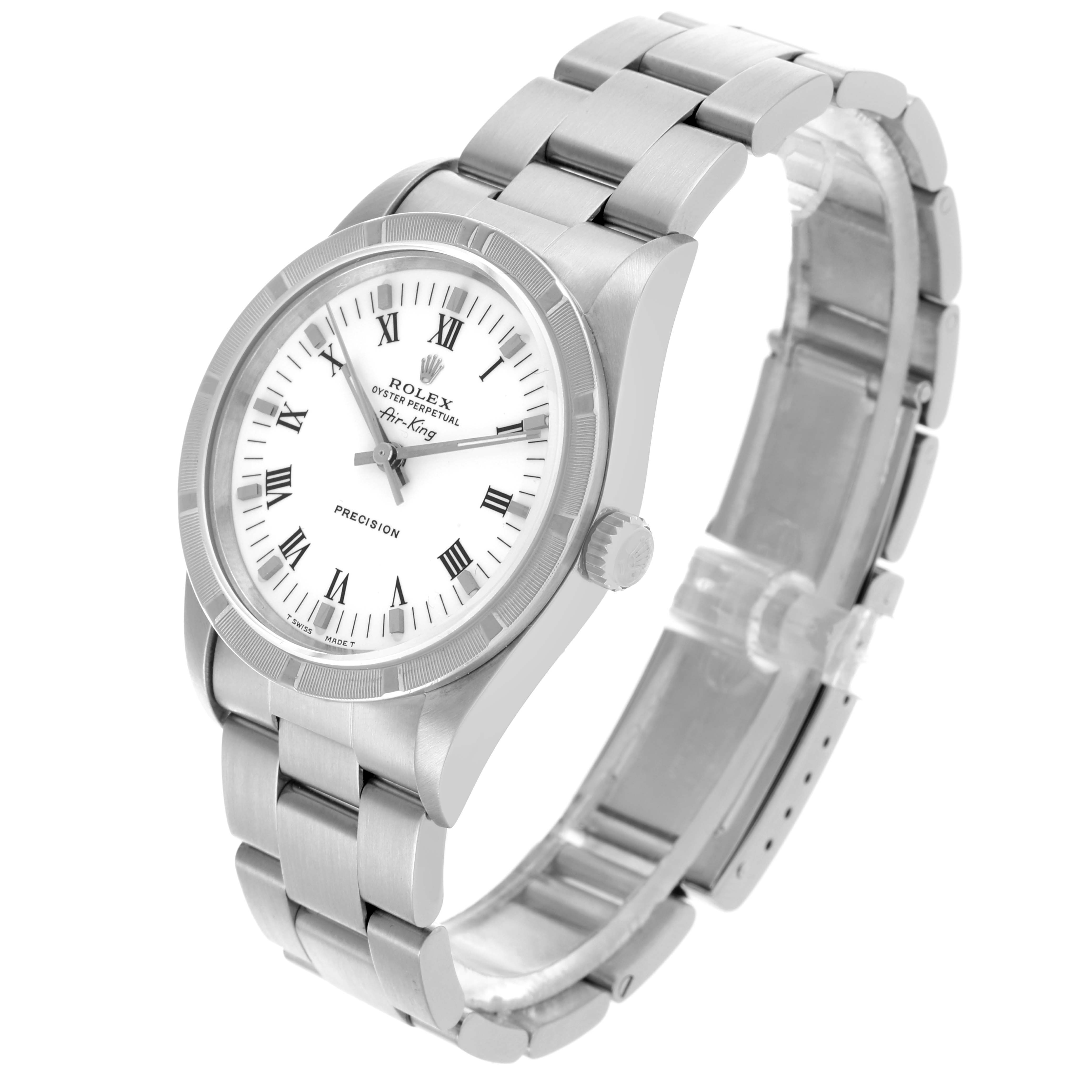 The Rolex Air-King 14010 Men's Stainless Steel White Dial 14010 Men's Stainless Steel White Dial watch is shown at an angle displaying the face, bezel, side crown, and bracelet.