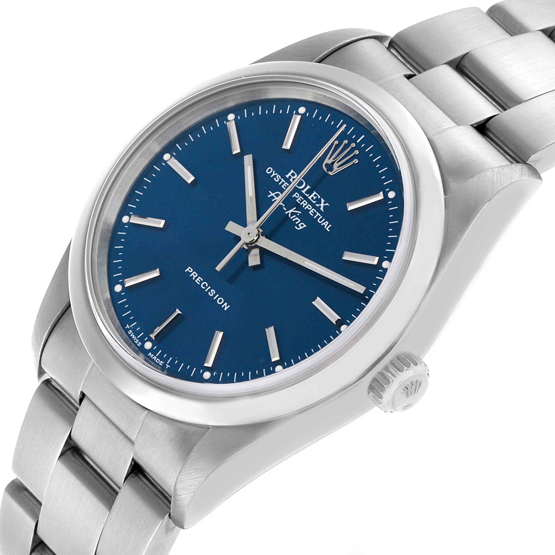 The Rolex Air-King 14000 Men's Stainless Steel Blue Dial watch is shown at an angle highlighting its blue dial, crown, and stainless steel bracelet.