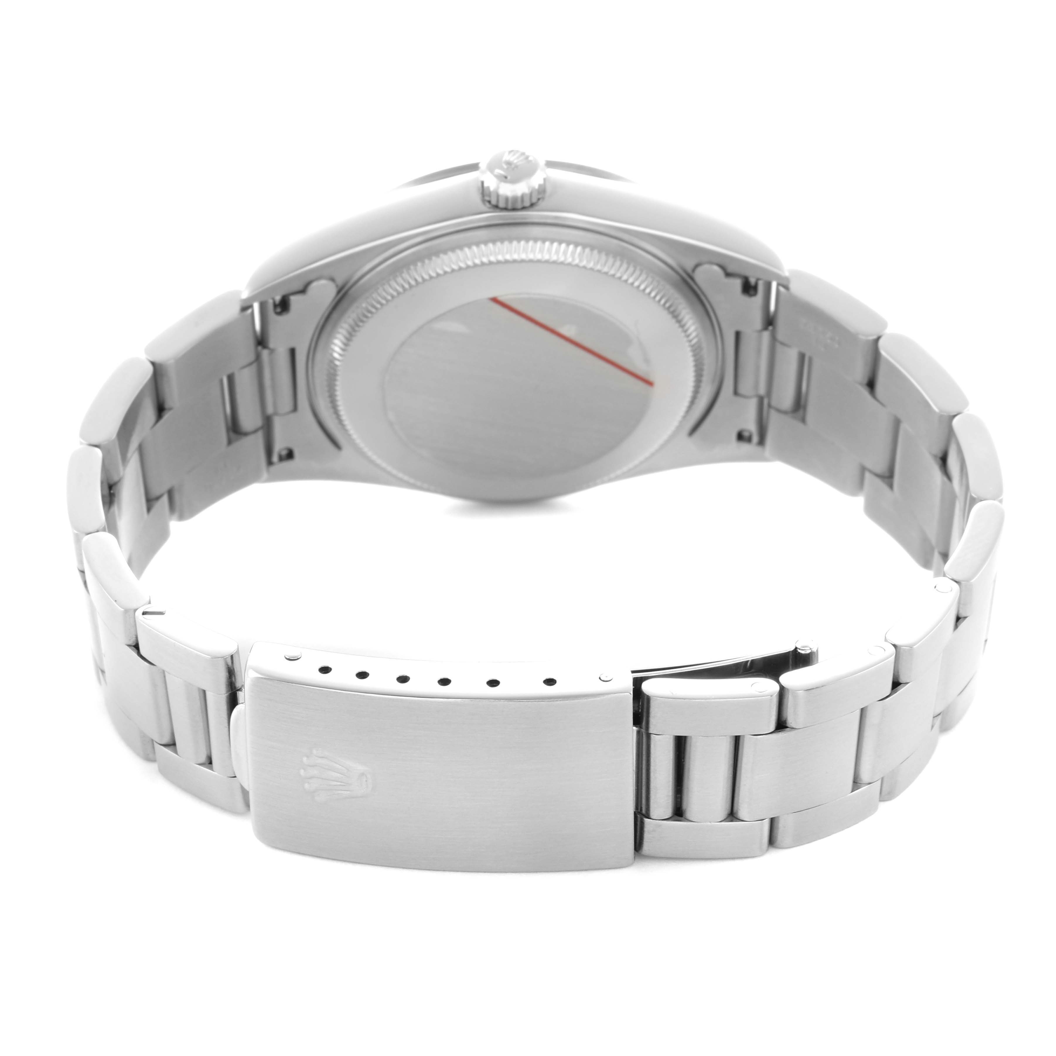 The image shows the back and clasp of a Rolex Air-King 14000 Men's Stainless Steel Blue Dial watch, highlighting the bracelet and caseback.