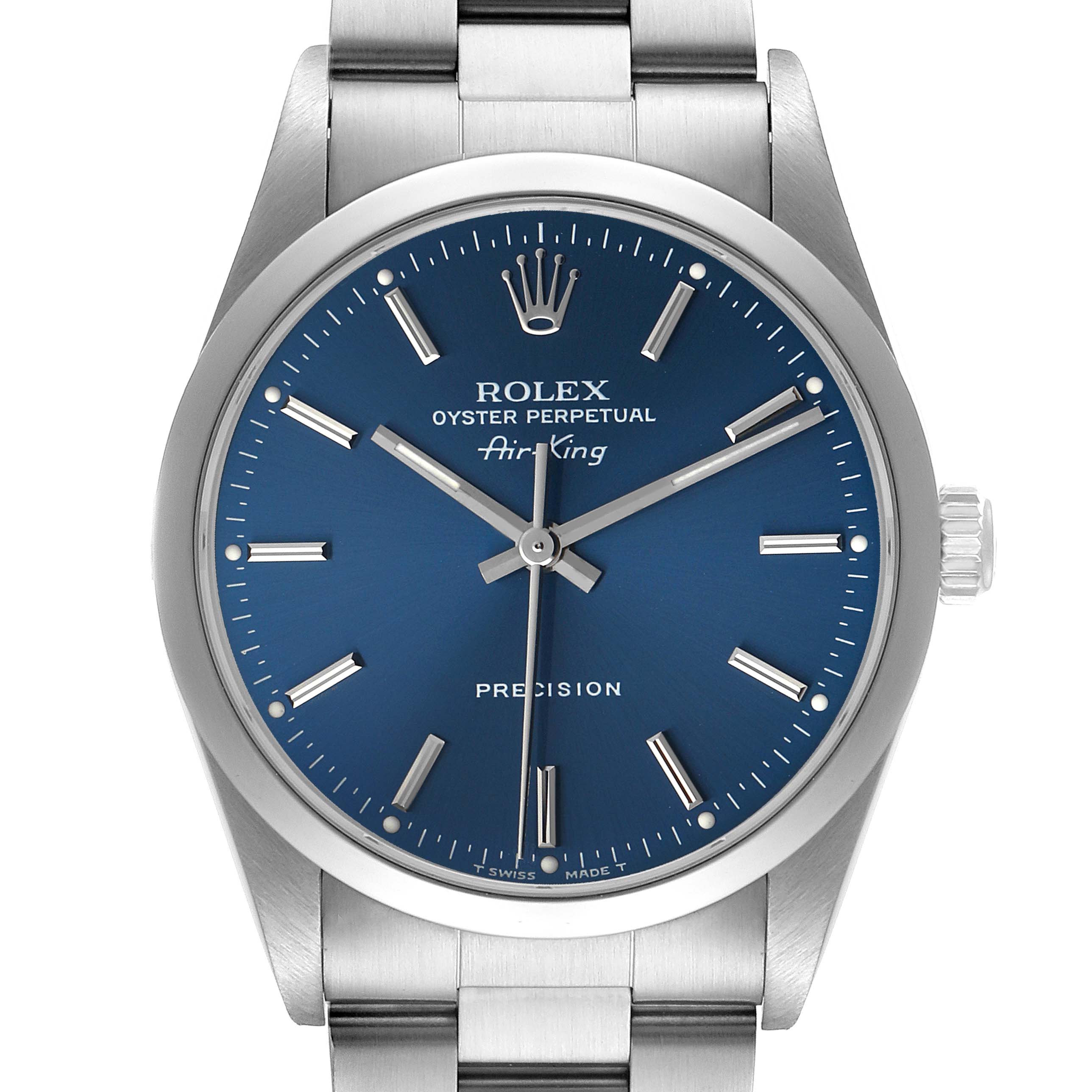 The image shows a front view of the Rolex Air-King 14000 Men's Stainless Steel Blue Dial watch, featuring the dial, crown, and part of the bracelet.