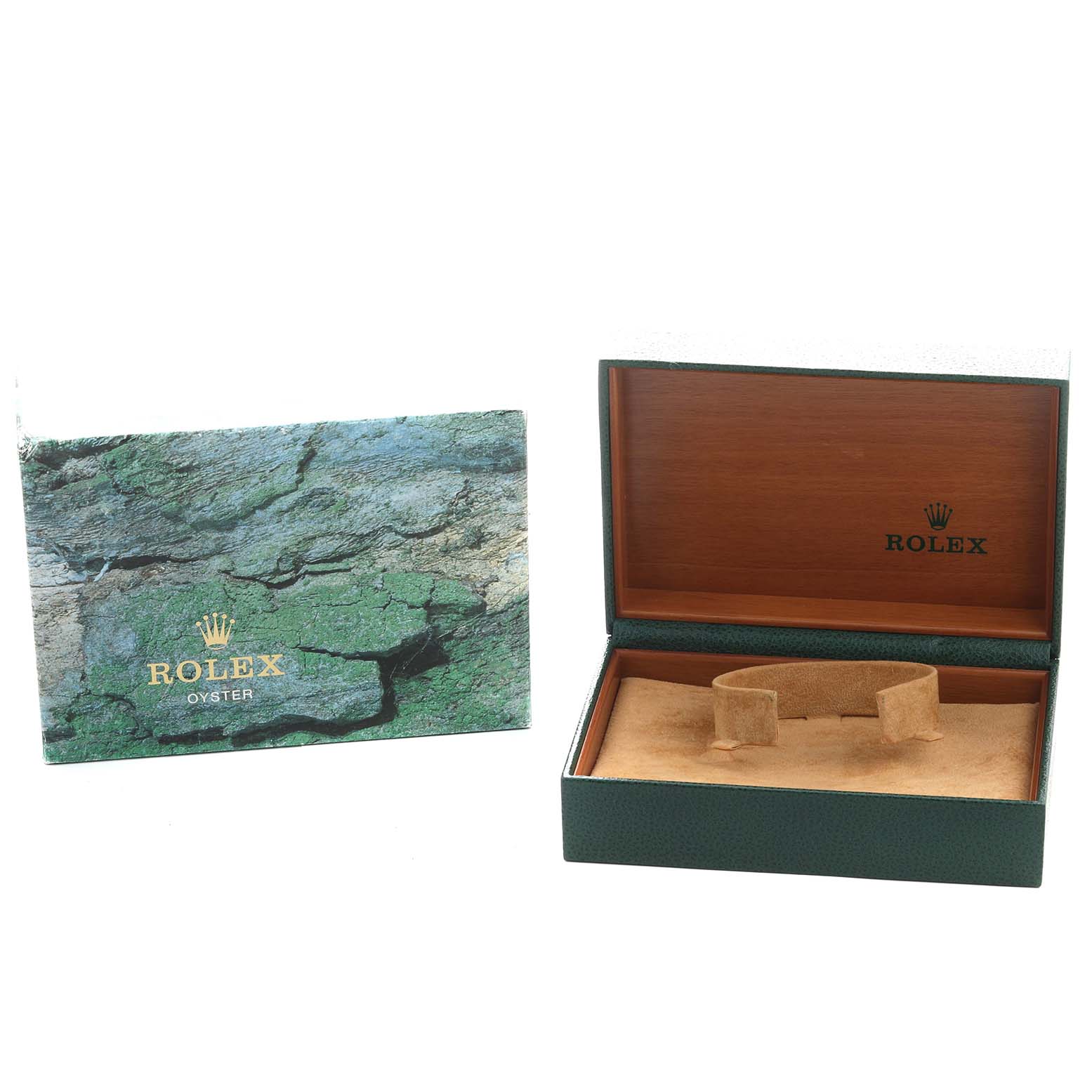 The image shows an open box for a Rolex Air-King 14000 Men's Stainless Steel Blue Dial, with its interior visible, alongside a closed outer box.