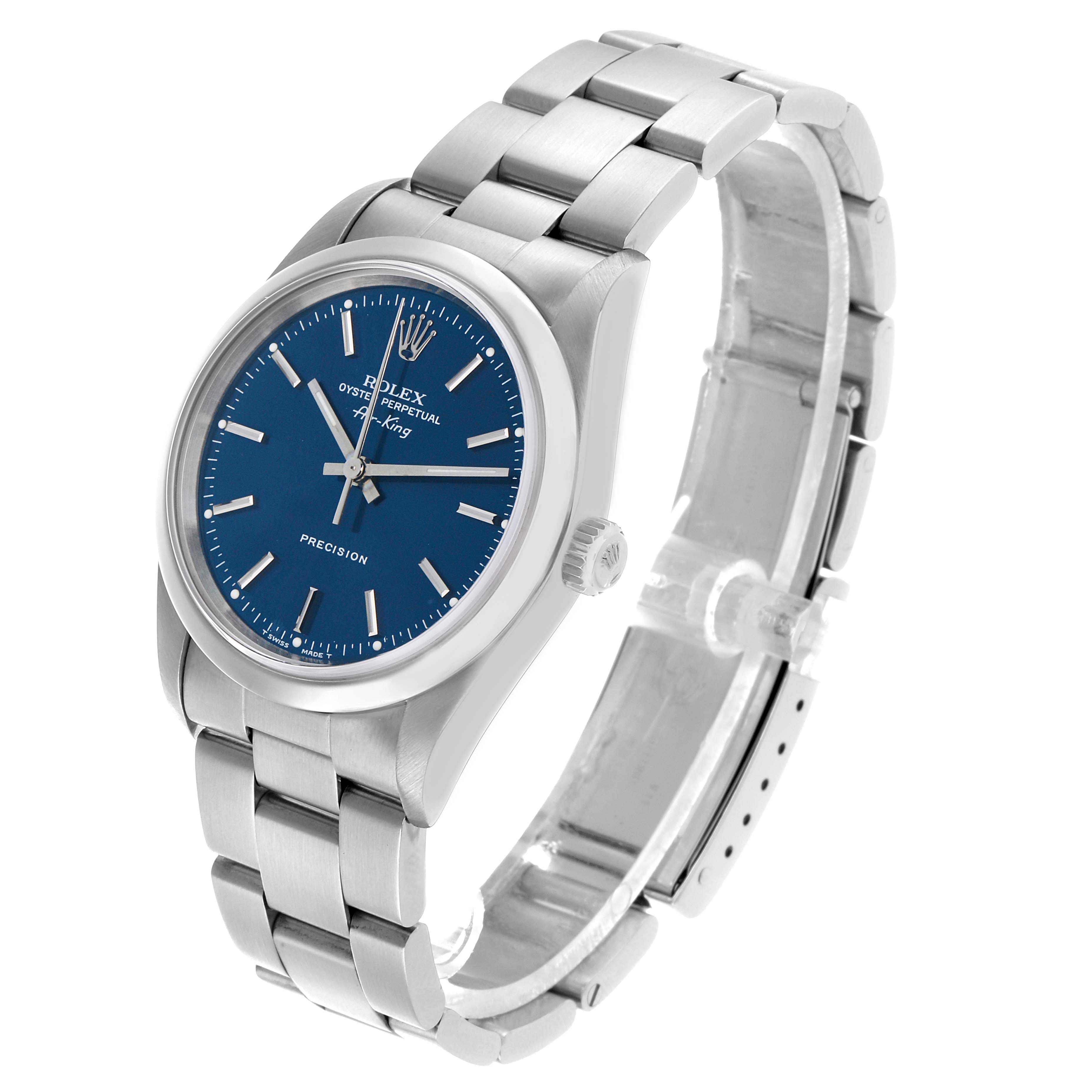 The Rolex Air-King 14000 Men's Stainless Steel Blue Dial watch is shown at a three-quarter angle, displaying the face, crown, and part of the bracelet.