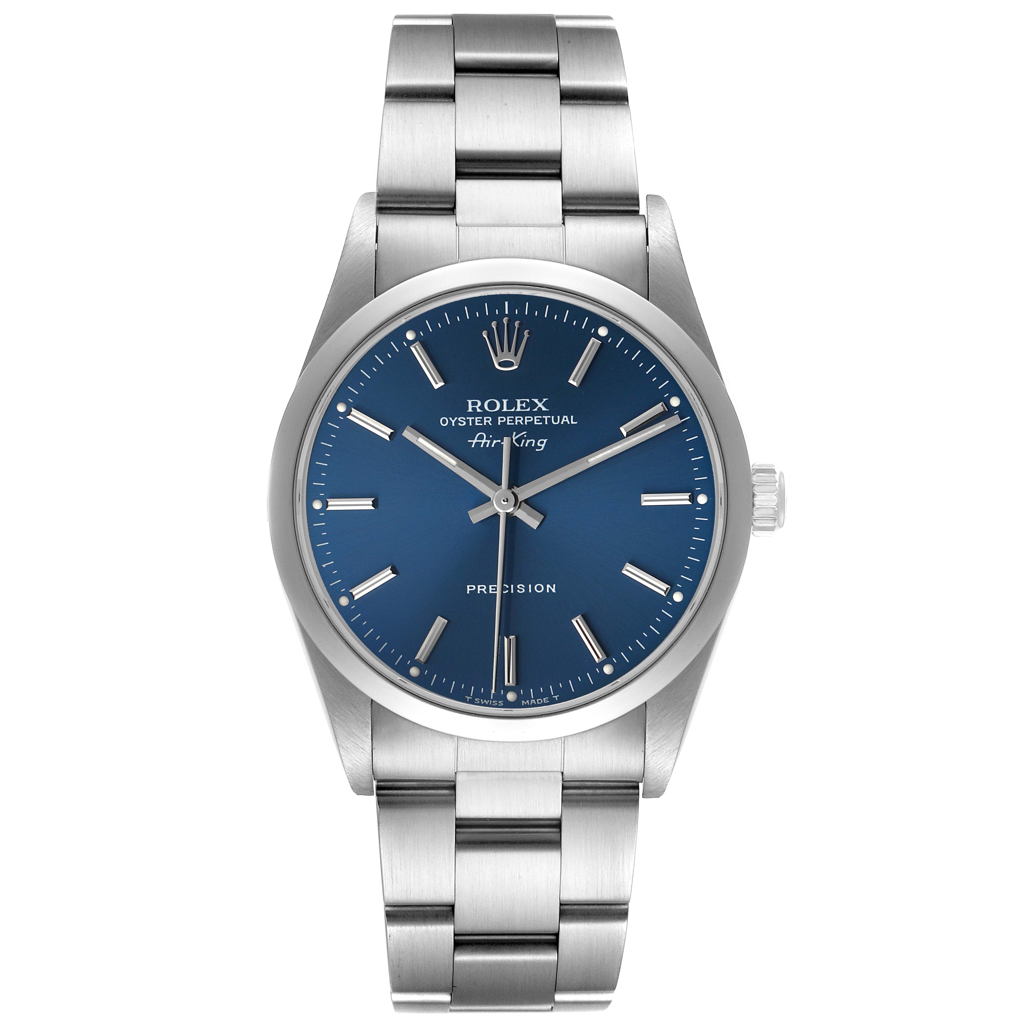The Rolex Air-King 14000 Men's Stainless Steel Blue Dial watch is shown from the front, displaying the dial, bezel, and bracelet.