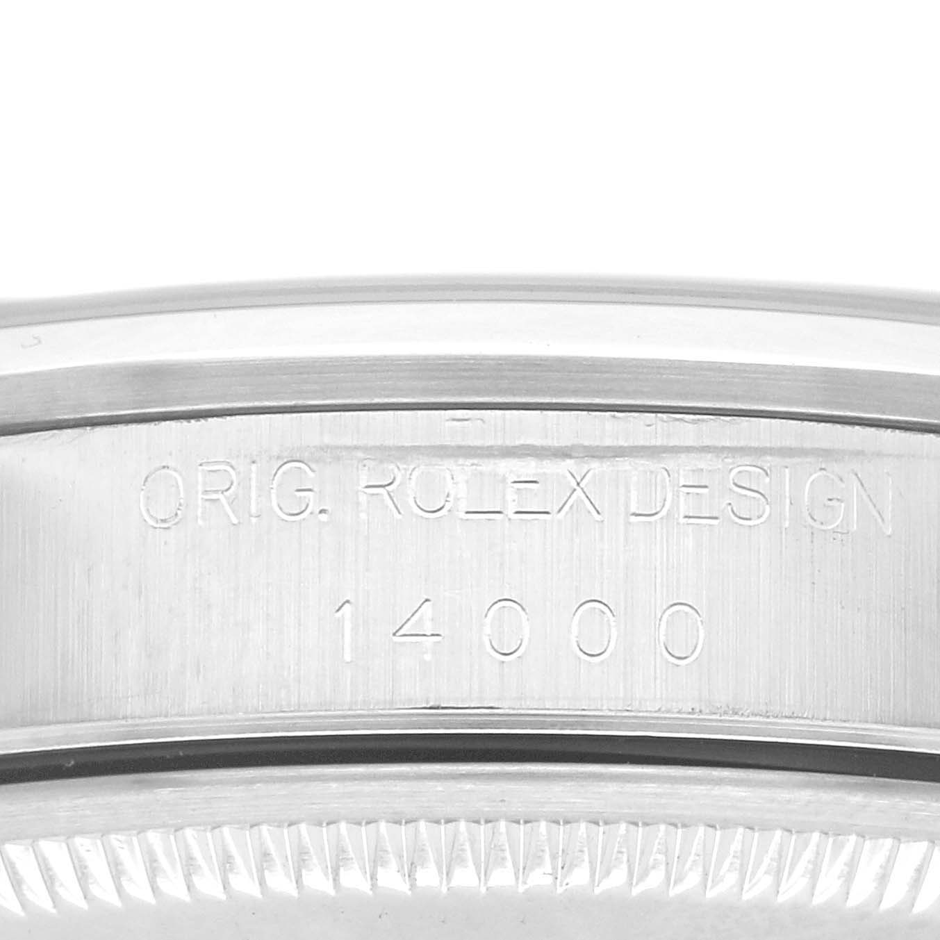 The image shows a side view of the case rim of a Rolex Air-King 14000 Men's Stainless Steel Blue Dial watch, highlighting the engraved model number and design text.