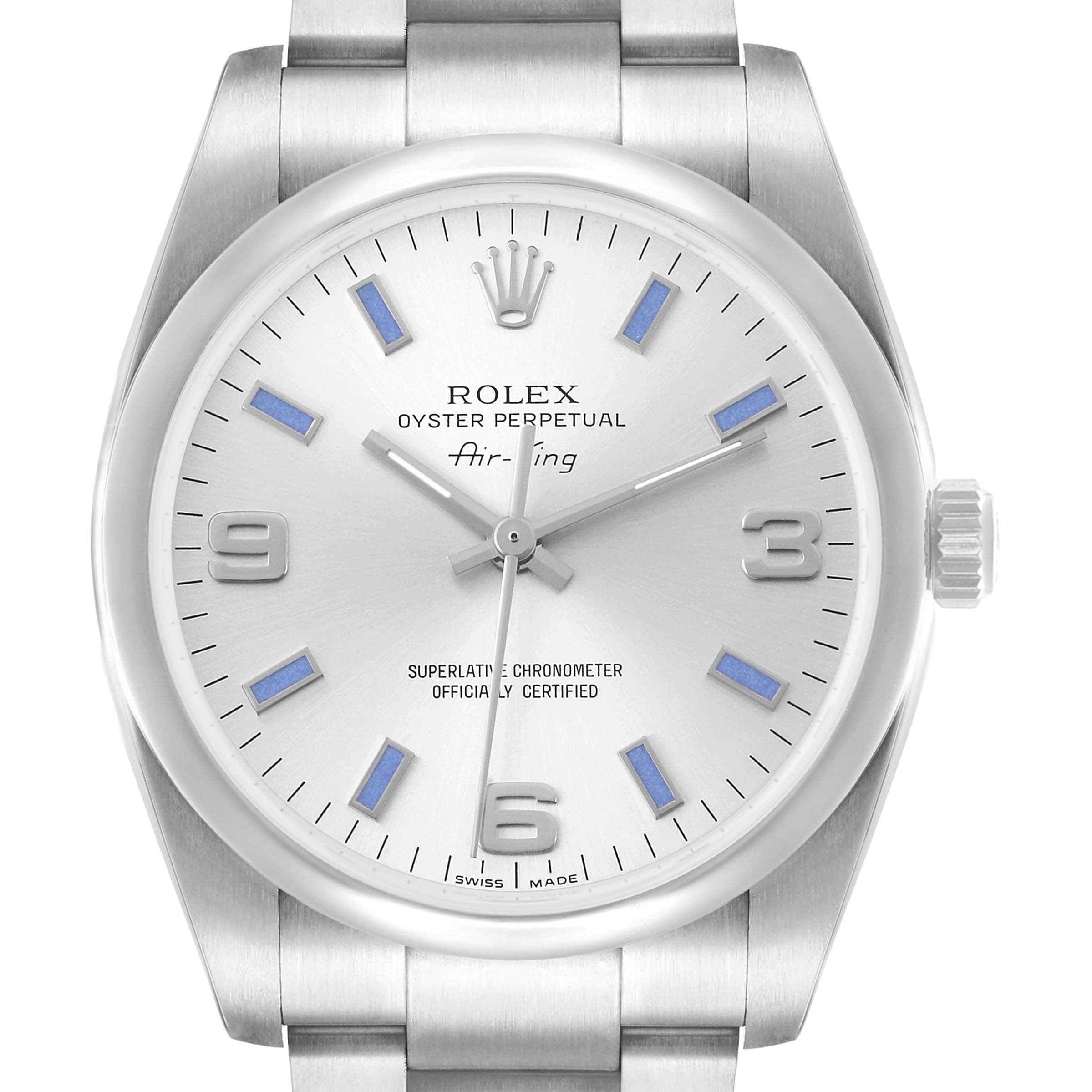 The Rolex Air-King 114200 Men's Stainless Steel Silver Dial watch is shown from a front angle, displaying the full dial, hands, and a portion of the bracelet.