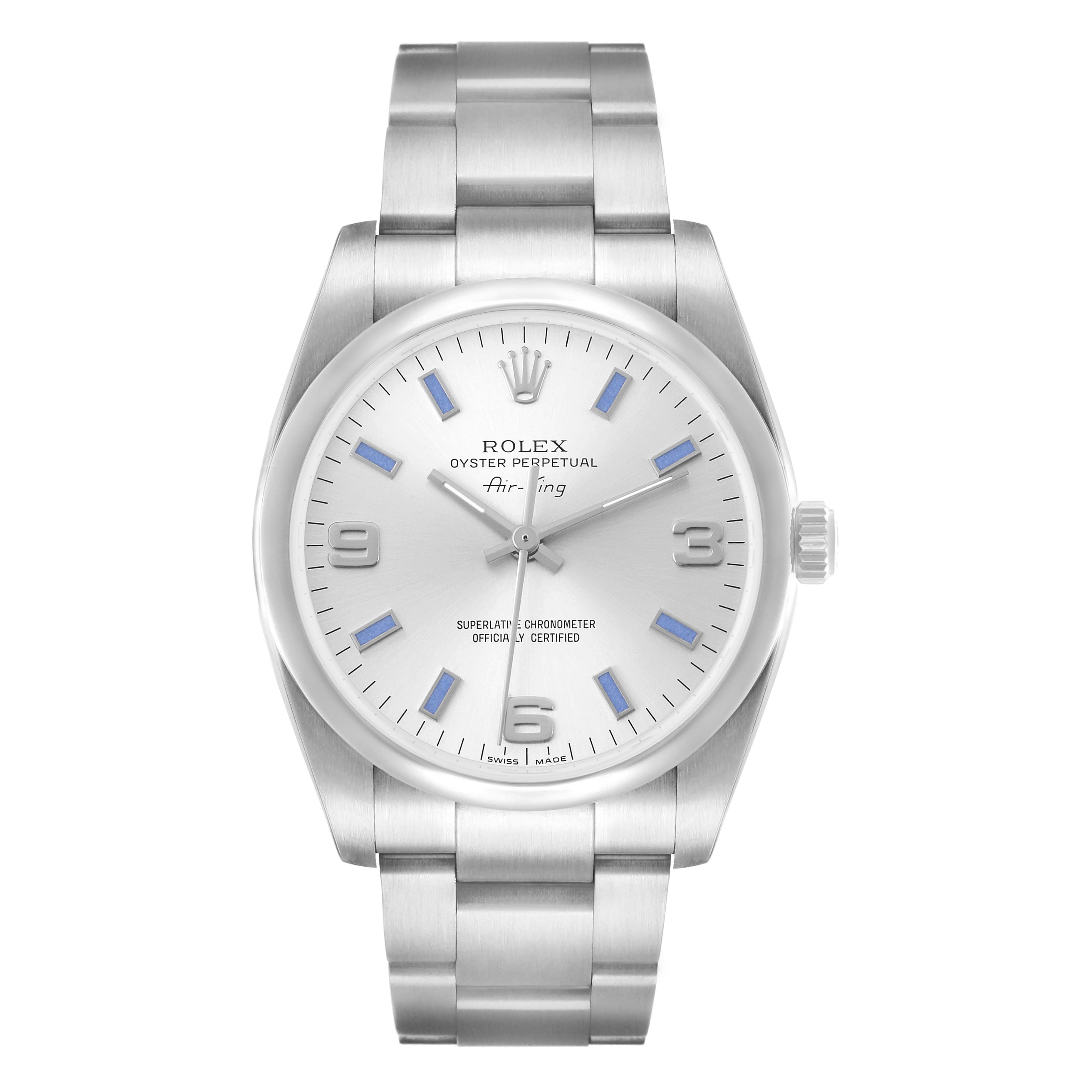 The Rolex Air-King 114200 Men's Stainless Steel Silver Dial watch is shown from the front, displaying the face, bezel, crown, and part of the bracelet.