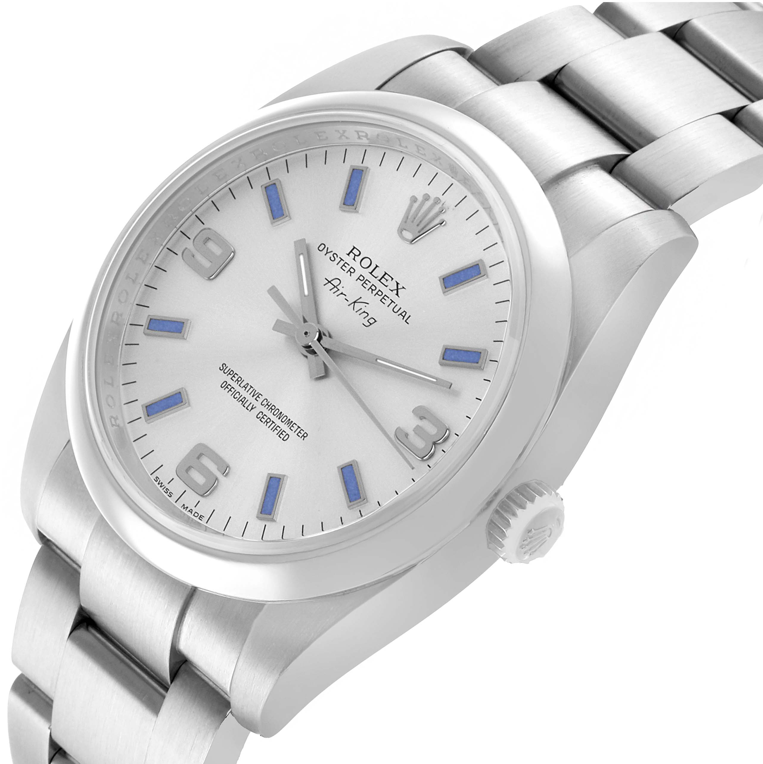 The Rolex Air-King 114200 Men's Stainless Steel Silver Dial watch is shown from a three-quarter angle, highlighting the dial, bracelet, crown, and case.
