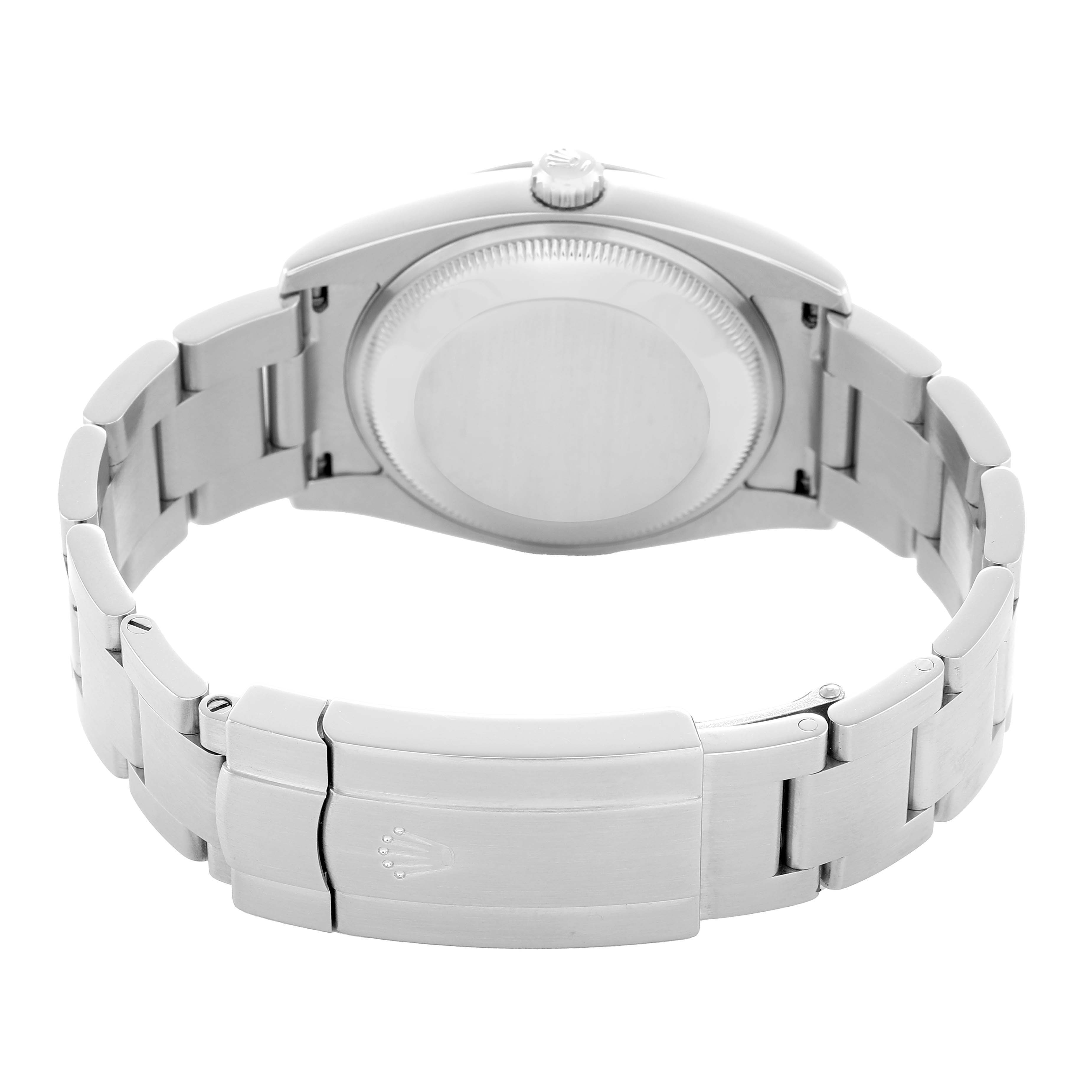 The image shows the back view of a Rolex Air-King 114200 Men's Stainless Steel Silver Dial watch, highlighting the stainless steel case, crown, and bracelet clasp.