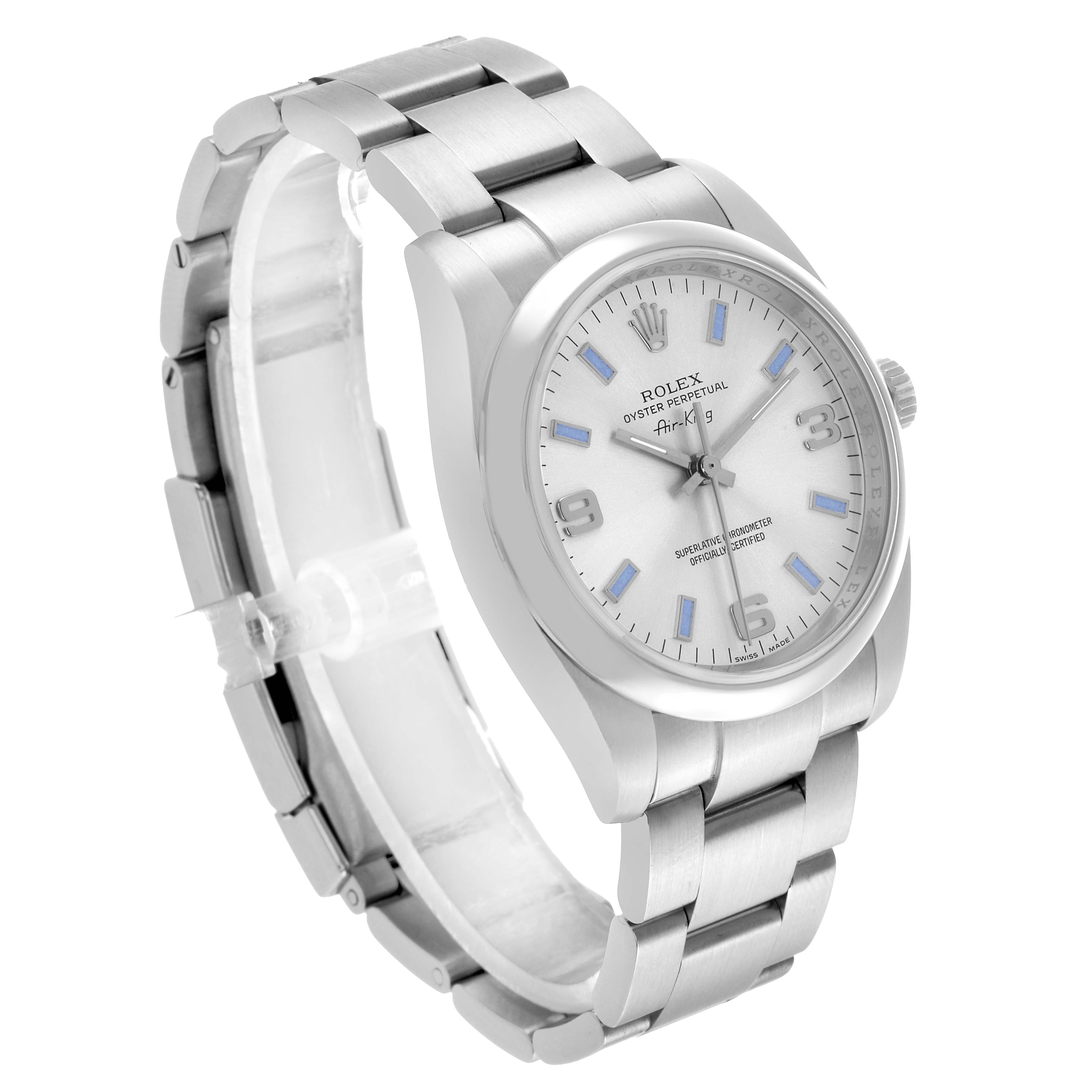 The Rolex Air-King 114200 Men's Stainless Steel Silver Dial watch is shown at a three-quarter angle, highlighting the face, bezel, and bracelet.