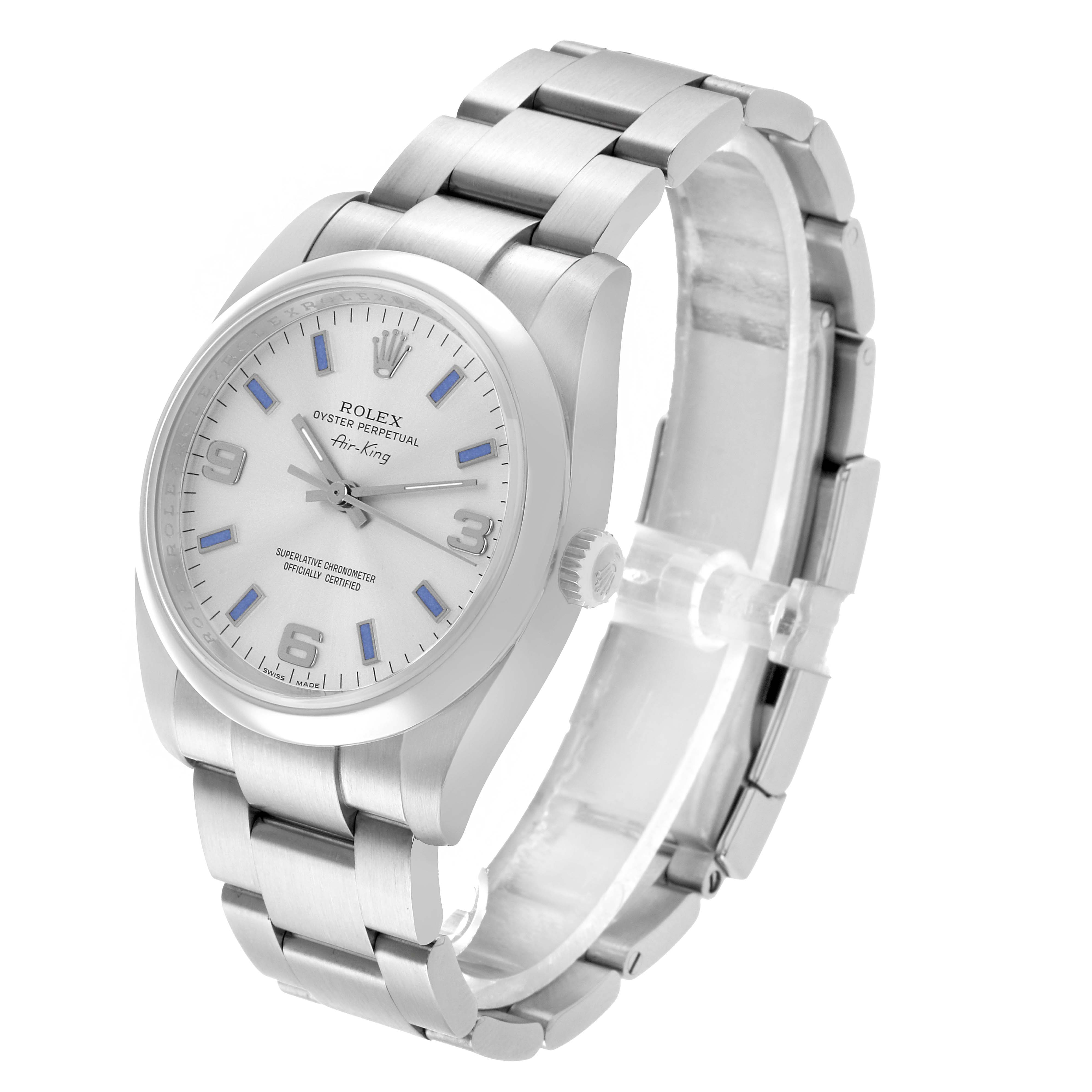 The Rolex Air-King 114200 Men's Stainless Steel Silver Dial watch is shown from an angled side view, highlighting its bracelet, case, and crown.