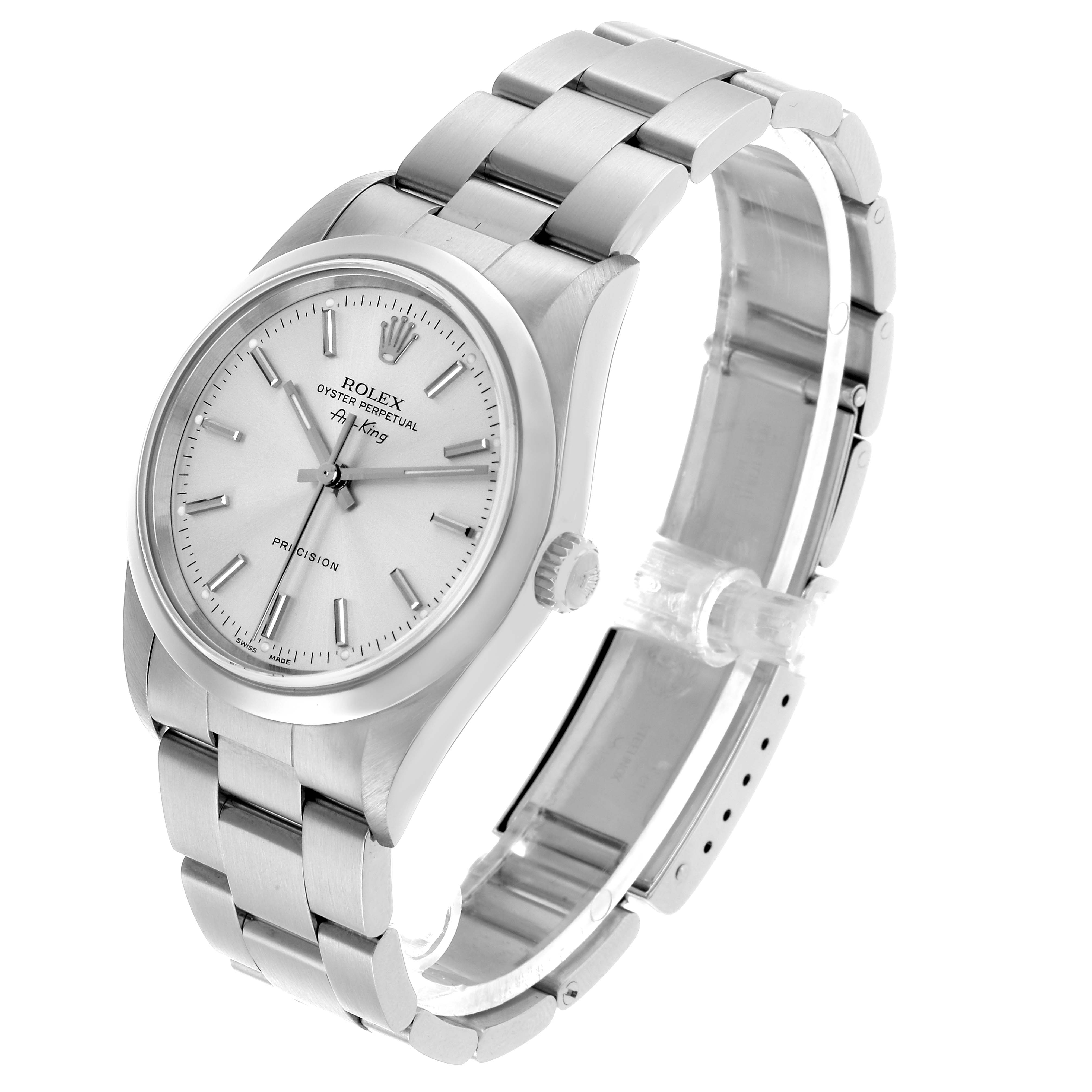 The Rolex Air-King 14000 Men's Stainless Steel Silver Dial watch is shown at a three-quarter angle, displaying the face, bracelet, and partially open clasp.
