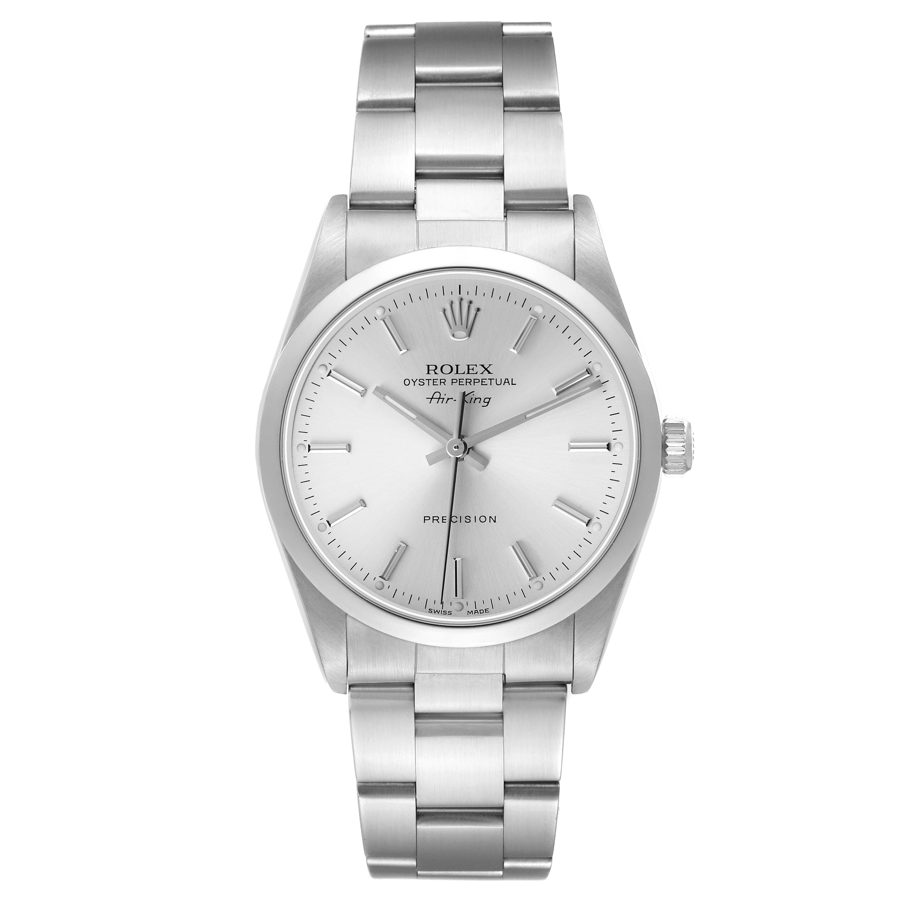 The Rolex Air-King 14000 Men's Stainless Steel Silver Dial watch is shown from the front, highlighting the dial, hour markers, hands, and bracelet.