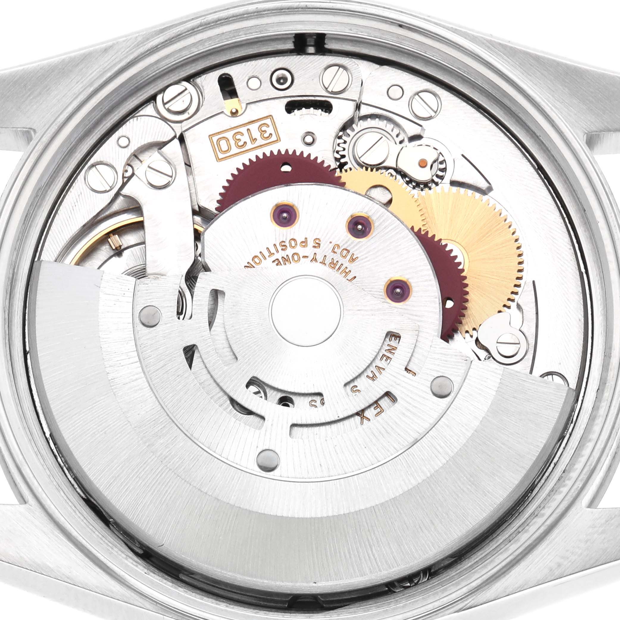 The image shows the movement of a Rolex Air-King 14000 Men's Stainless Steel Silver Dial watch, focusing on its intricate gears and components, viewed from the back.