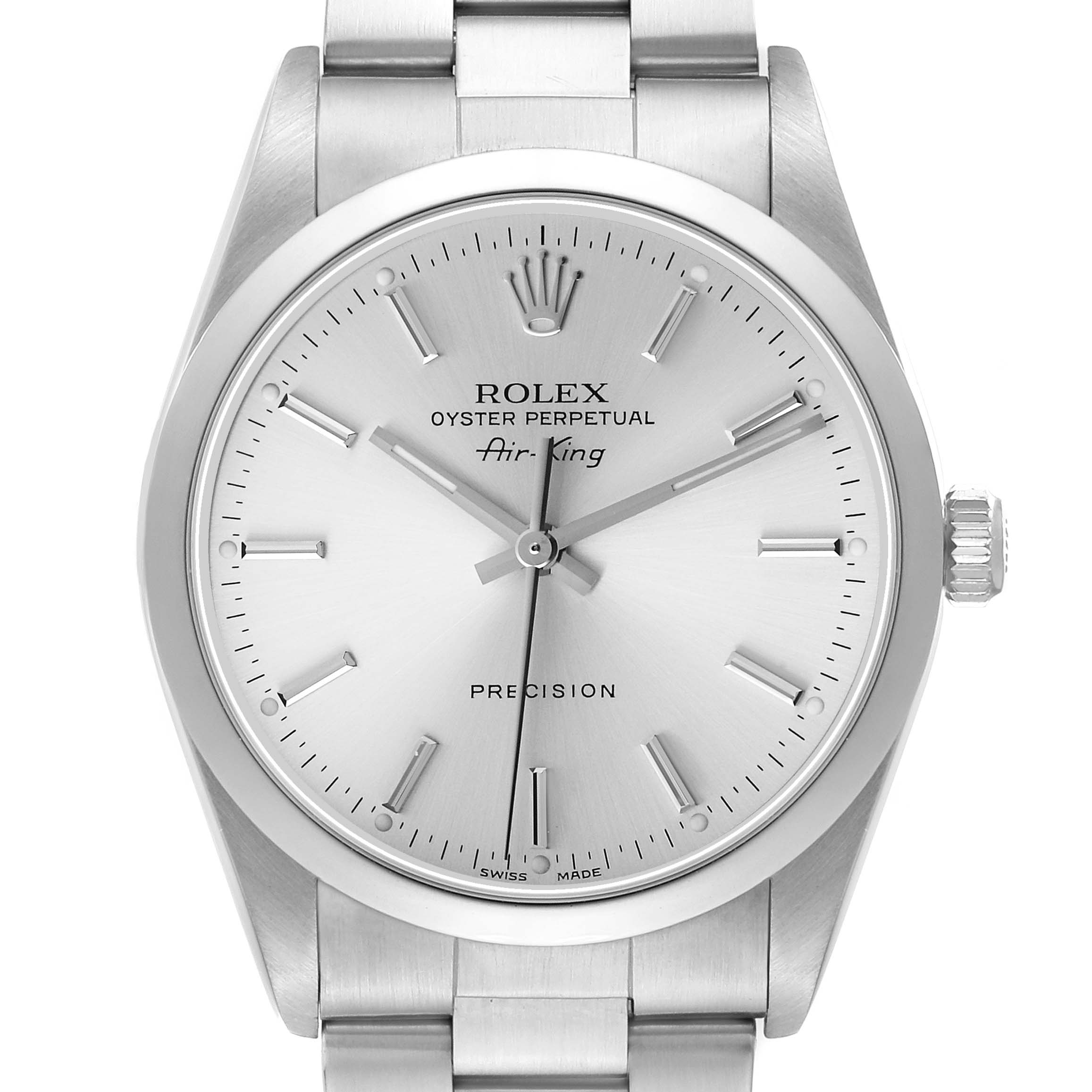 The Rolex Air-King 14000 Men's Stainless Steel Silver Dial watch is shown from the front, displaying the dial, crown, and part of the bracelet.