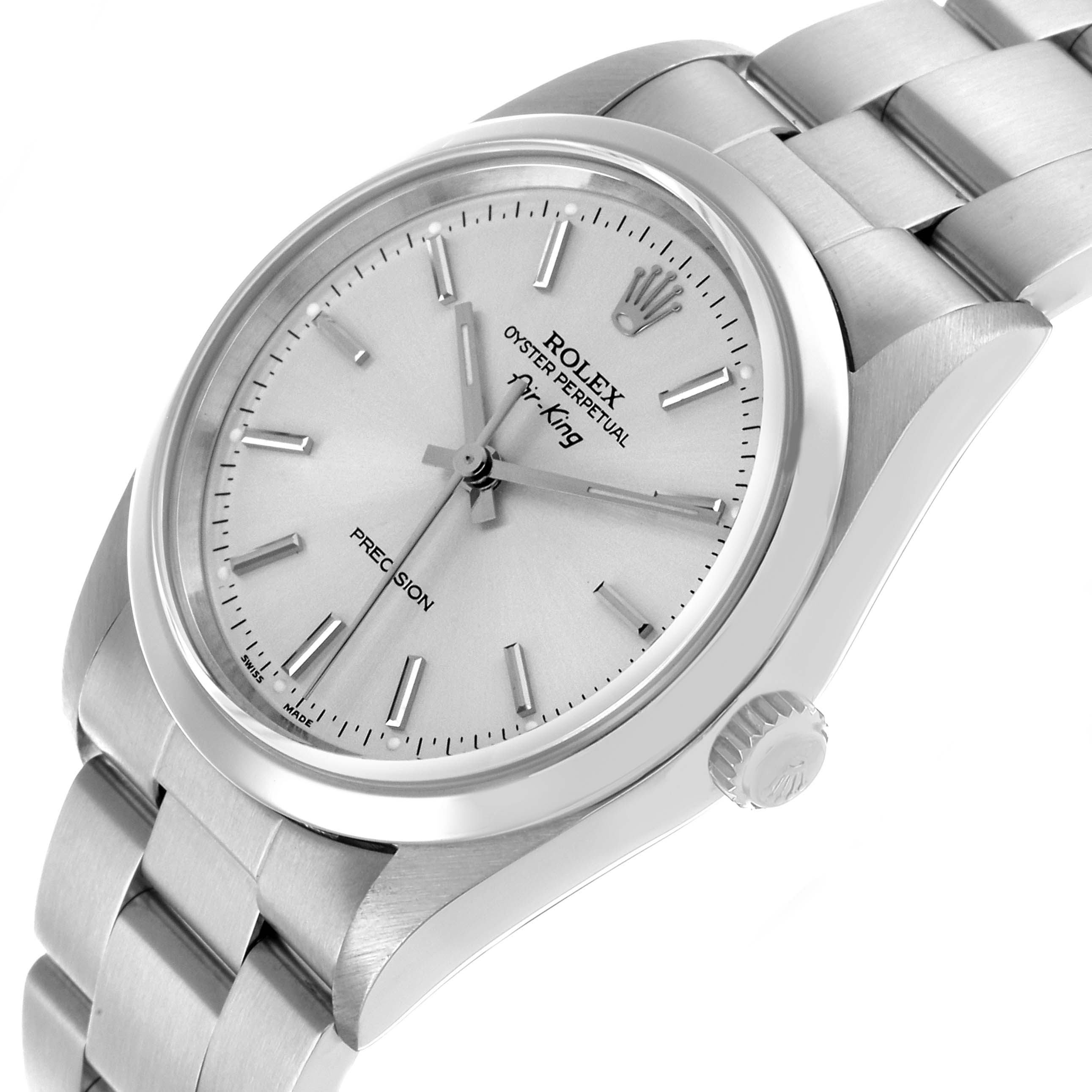 The Rolex Air-King 14000 Men's Stainless Steel Silver Dial watch is shown from a slightly tilted angle, highlighting the face, bezel, crown, and part of the bracelet.