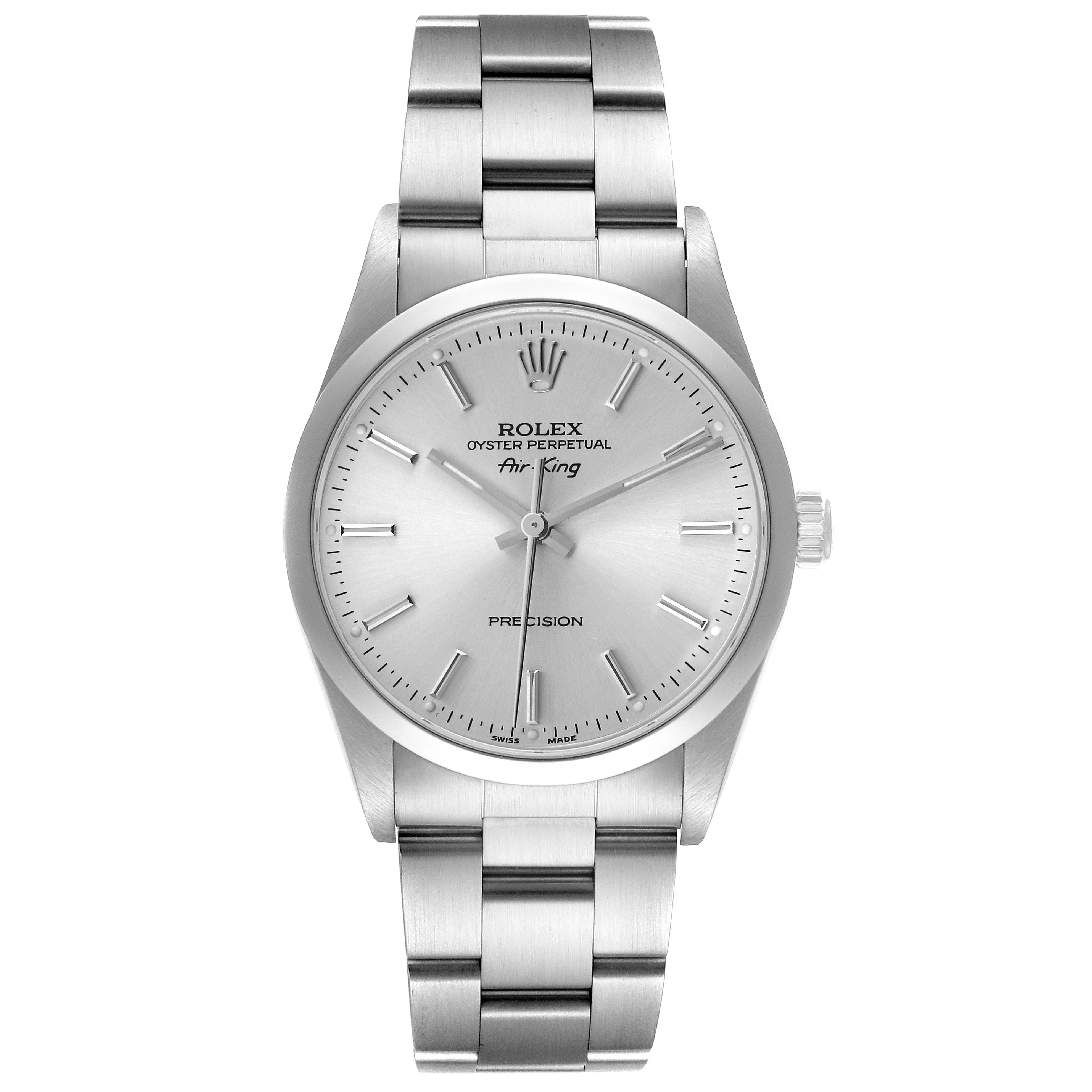 The Rolex Air-King 14000 Men's Stainless Steel Silver Dial watch is shown from a front angle, displaying the face, bezel, and part of the bracelet.