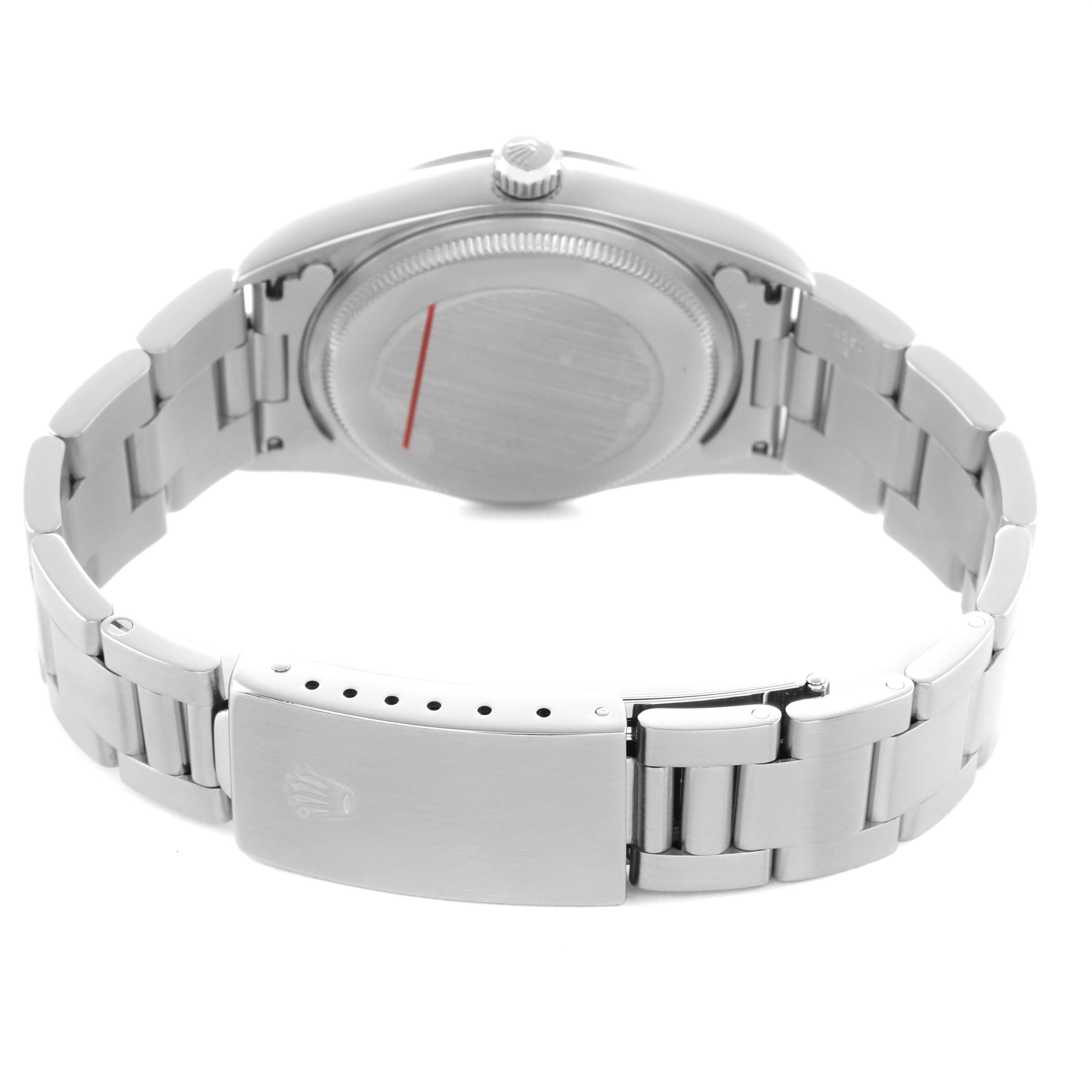 The image shows the back of a Rolex Air-King 14000 Men's Stainless Steel Silver Dial watch, highlighting the case back, bracelet, and clasp.