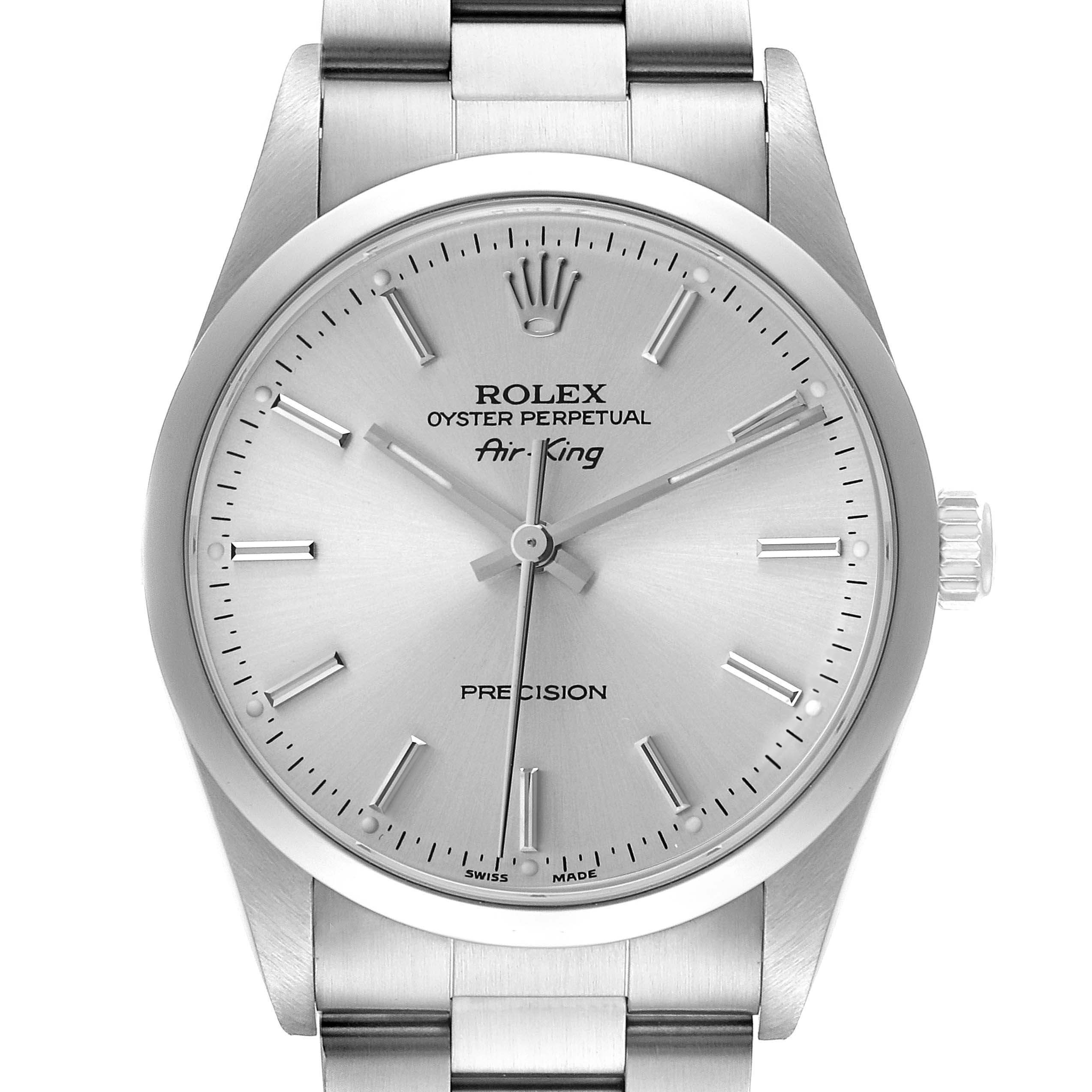The Rolex Air-King 14000 Men's Stainless Steel Silver Dial watch is shown from the front, displaying the dial, bezel, crown, and part of the bracelet.