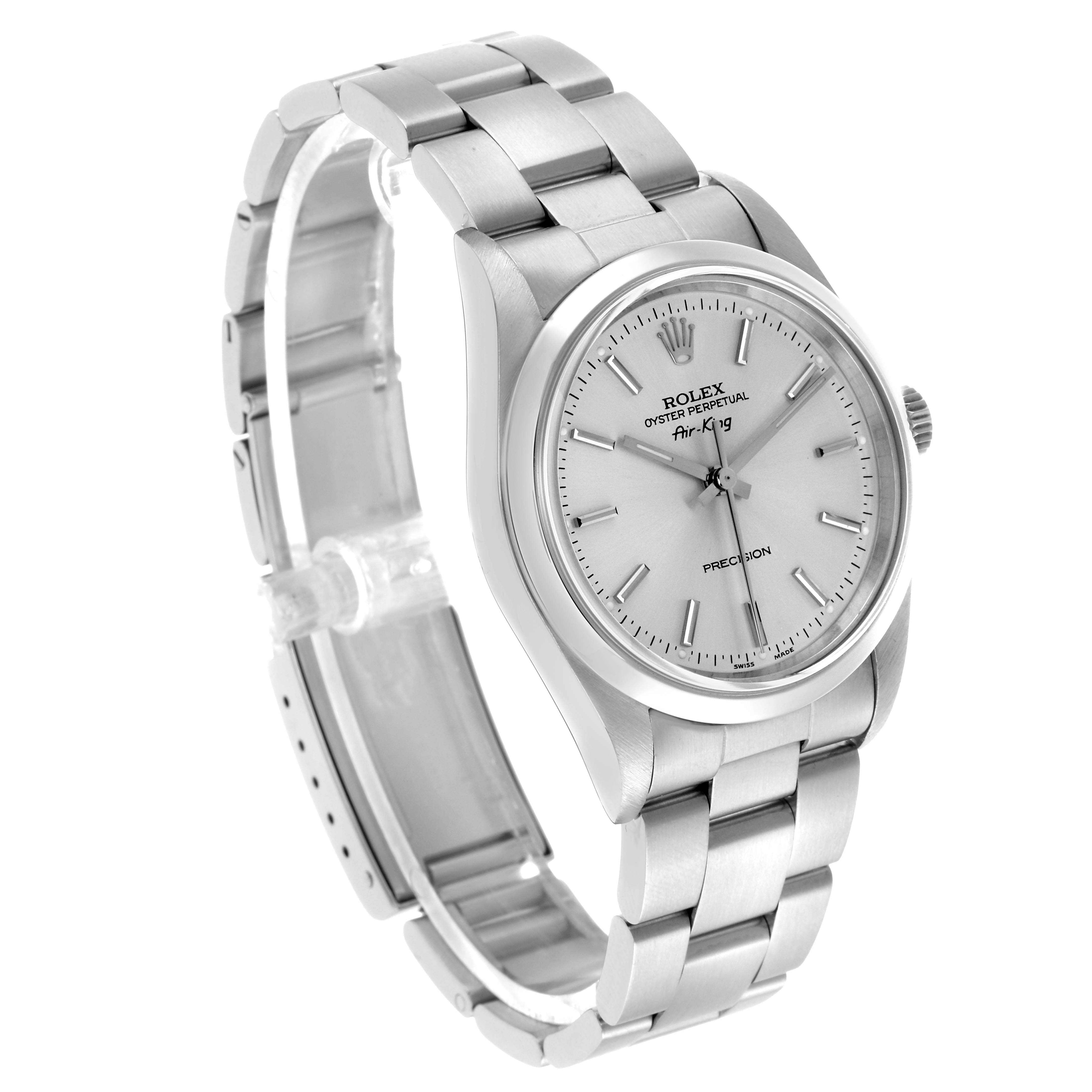The Rolex Air-King 14000 Men's Stainless Steel Silver Dial watch is shown at a slight angle, displaying its face, bezel, crown, and metal bracelet.