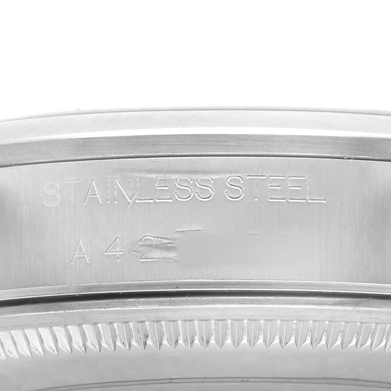 The image shows an engraved side view of a stainless steel Rolex Air-King 14000 Men's Stainless Steel Silver Dial watch case.