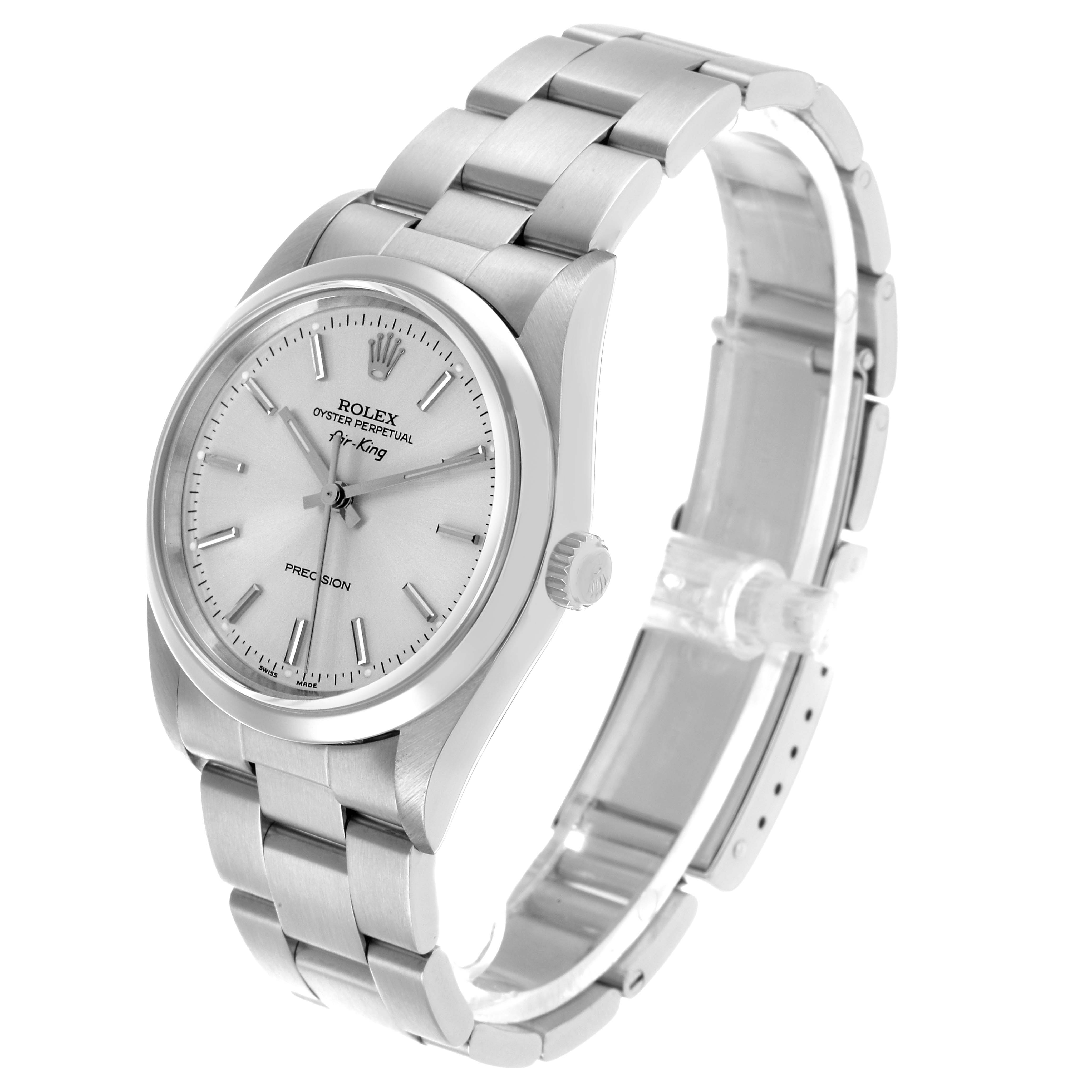 The Rolex Air-King 14000 Men's Stainless Steel Silver Dial watch is shown at a three-quarter angle, highlighting its face, bracelet, and crown.